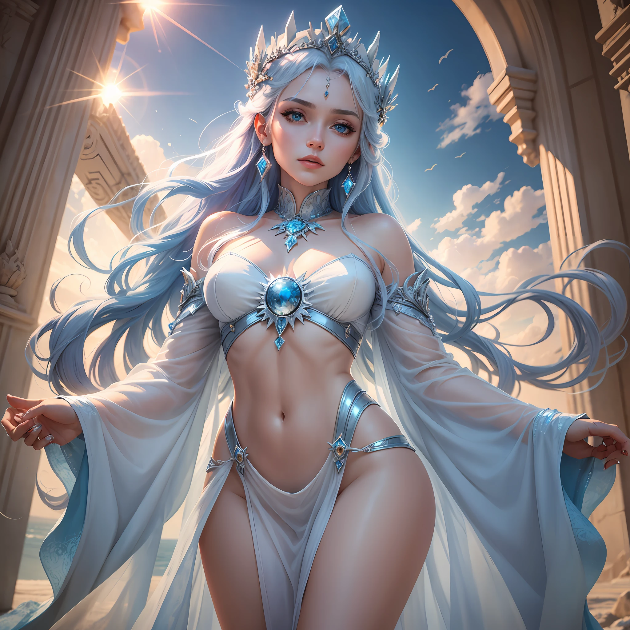 `an ice queen in a kingdom with the sun in the background, high definition, rich in details`