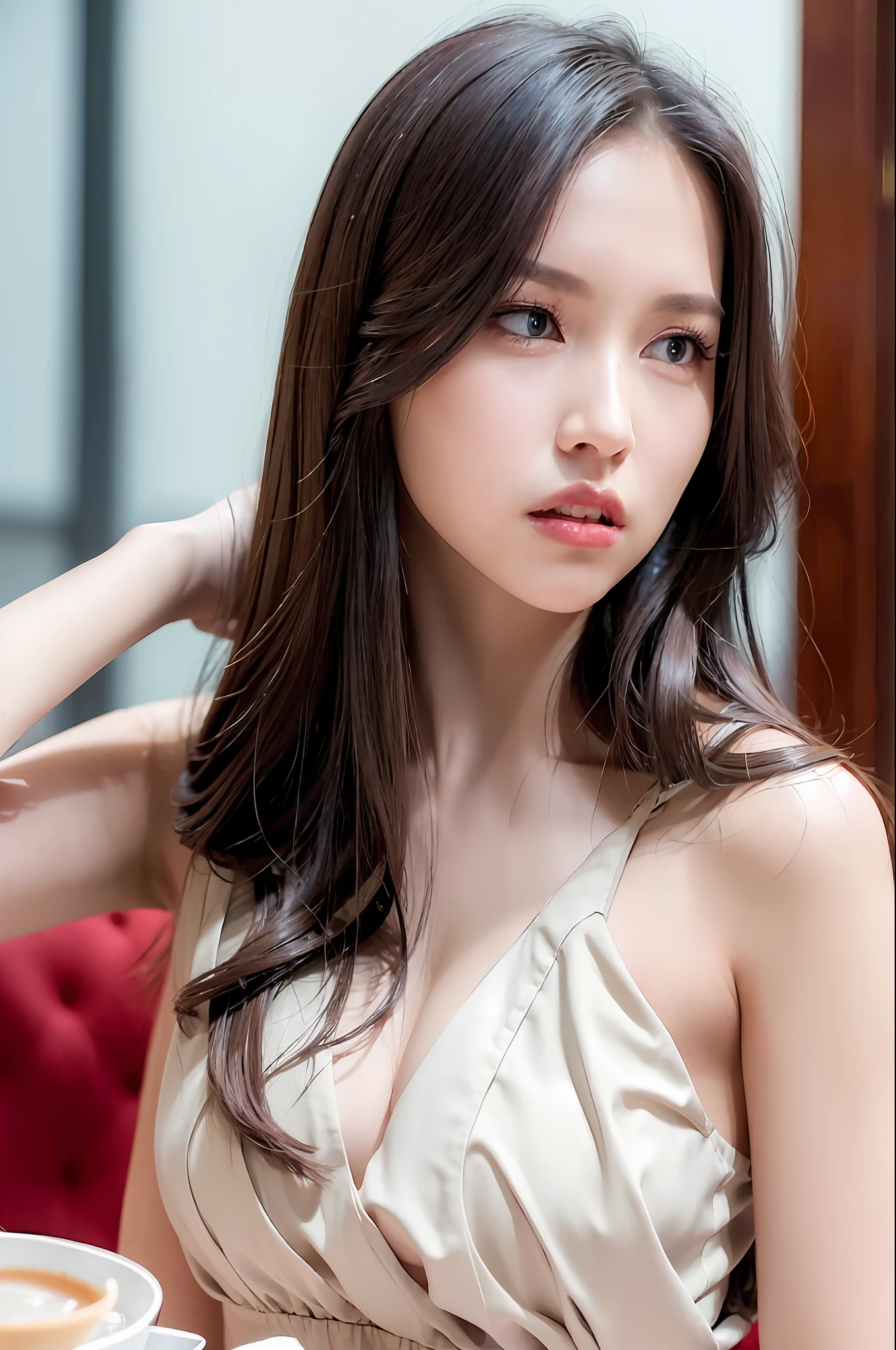 NSFW, (8k, best quality, masterpiece:1.2), (realistic, photo-realistic:1.37), ultra-detailed, 1 girl, looking at viewer, cute, beautiful detailed sky, detailed cafe, sitting at a table with afternoon tea, full body, (smile:1.15), closed mouth, medium breasts, bursting shirt buttons, beautiful detailed eyes, (collared shirt:1.1), daytime, sunshine, white lace, (long hair:1.4), shoulder-length hair, silver hair, uniform, white skin, cinematic light, street light, (hottiest actress:1.4), full body image, (tea table:1),(hand bag:1), ulzzang-6500-v1.1:0.3, karinak-4501-6300:1.2