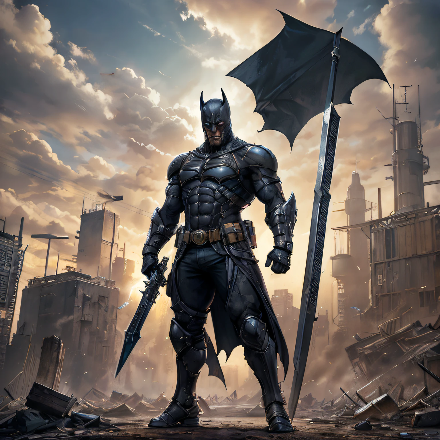 Color photo of a "realistic cyberpunk batman", with muscular build and realistic armor, holding sword and shield, standing in a large medieval landscape, black incorporated into his design, creating an homage to the classic character of the while giving a medieval touch —c 10 —ar 2:3 --auto --s2