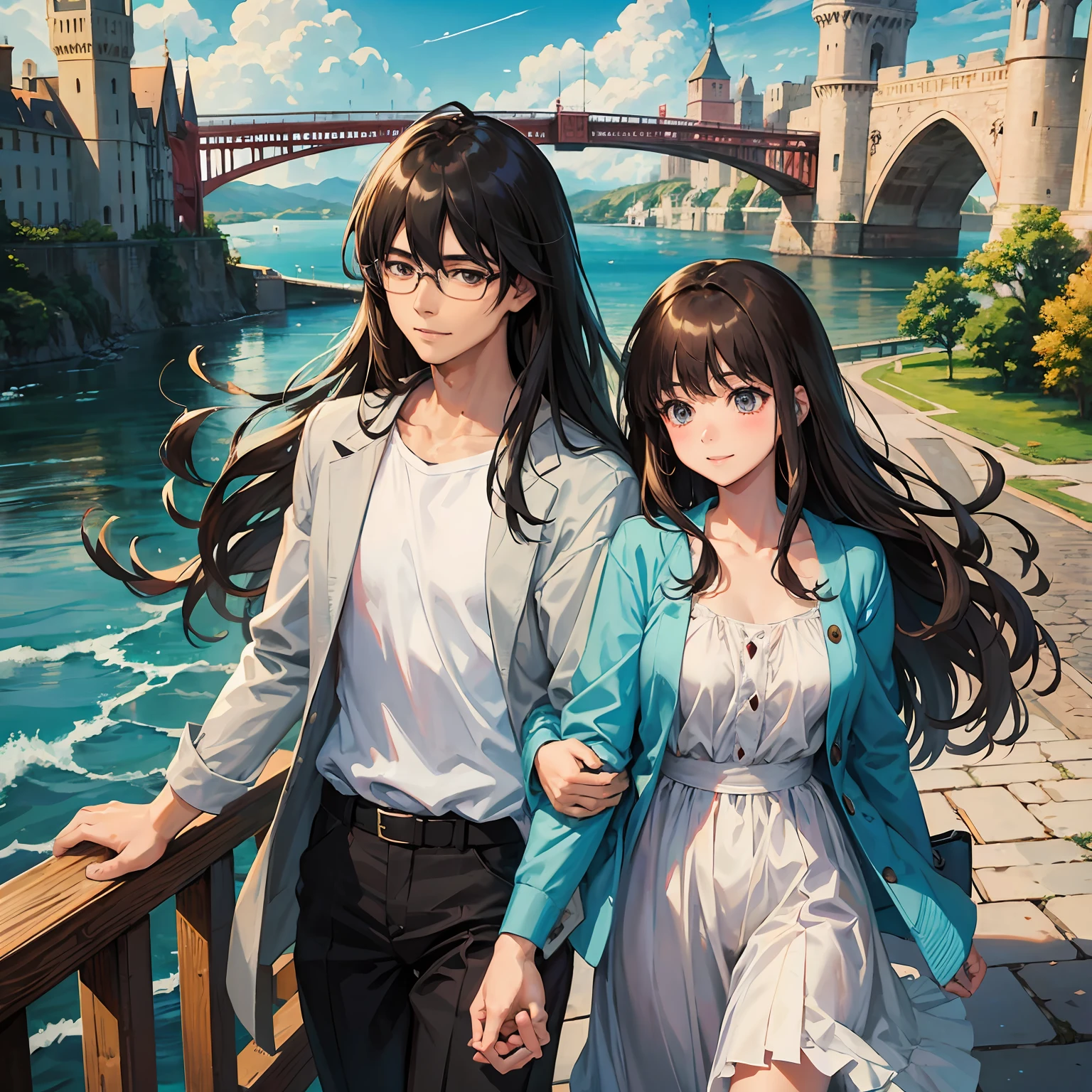 masterpiece, anime, cute, romantic, best quality, 2others, couple, mature, adult, height difference, different fashion, different color, casual clothes, long sleeves, smile, happy, love, swirling wind, blue sky, long haired man, light brown haired man, black haired woman, long haired woman, bespectacled woman, castle, bridge, river --auto --s2