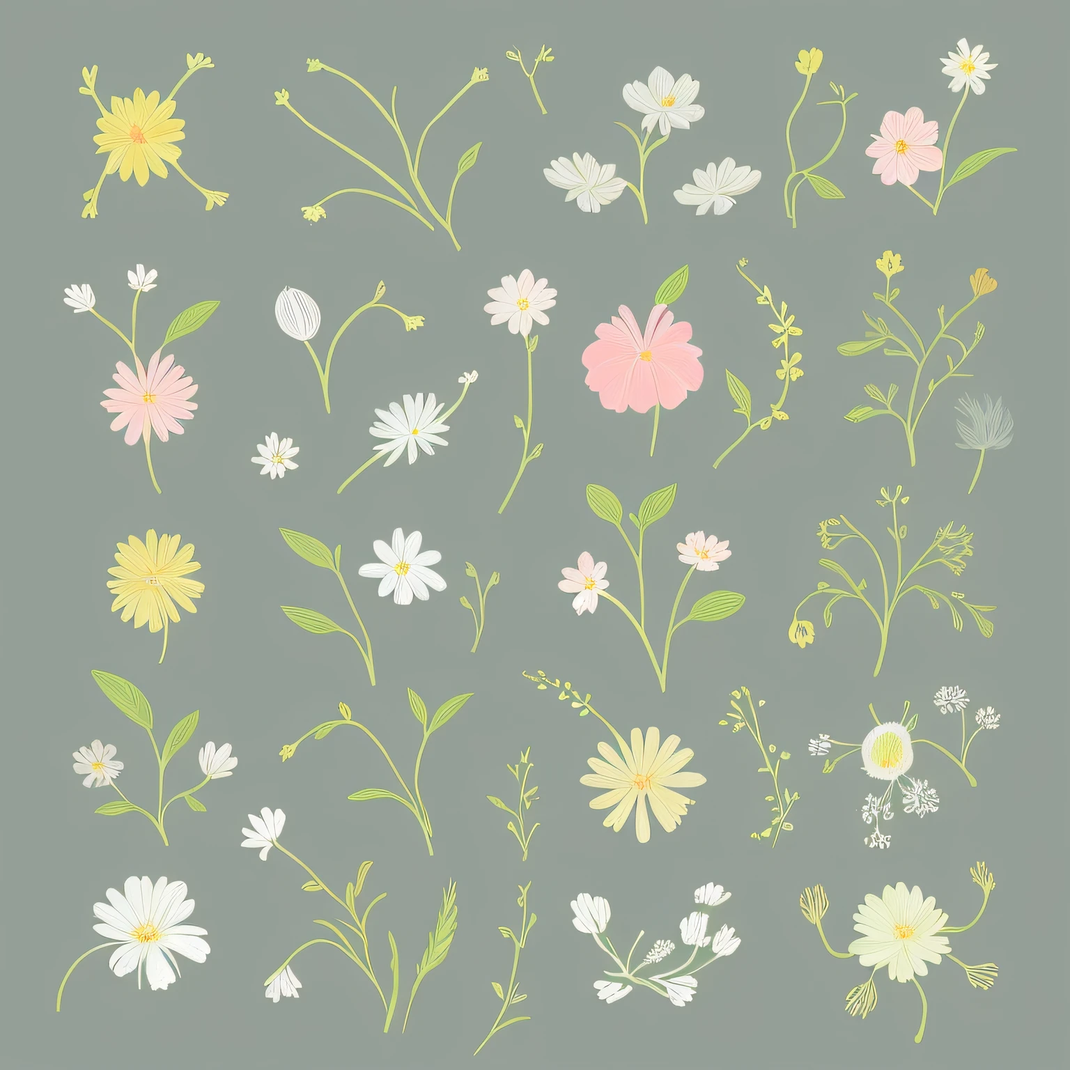 Small flower design, botanical style, label style, flat style, vector style, drawing style, naïve style, in very soft pastel colors such as pink, pastel purple, pastel green, pastel blue, light blue, beige, light pastel yellow.
