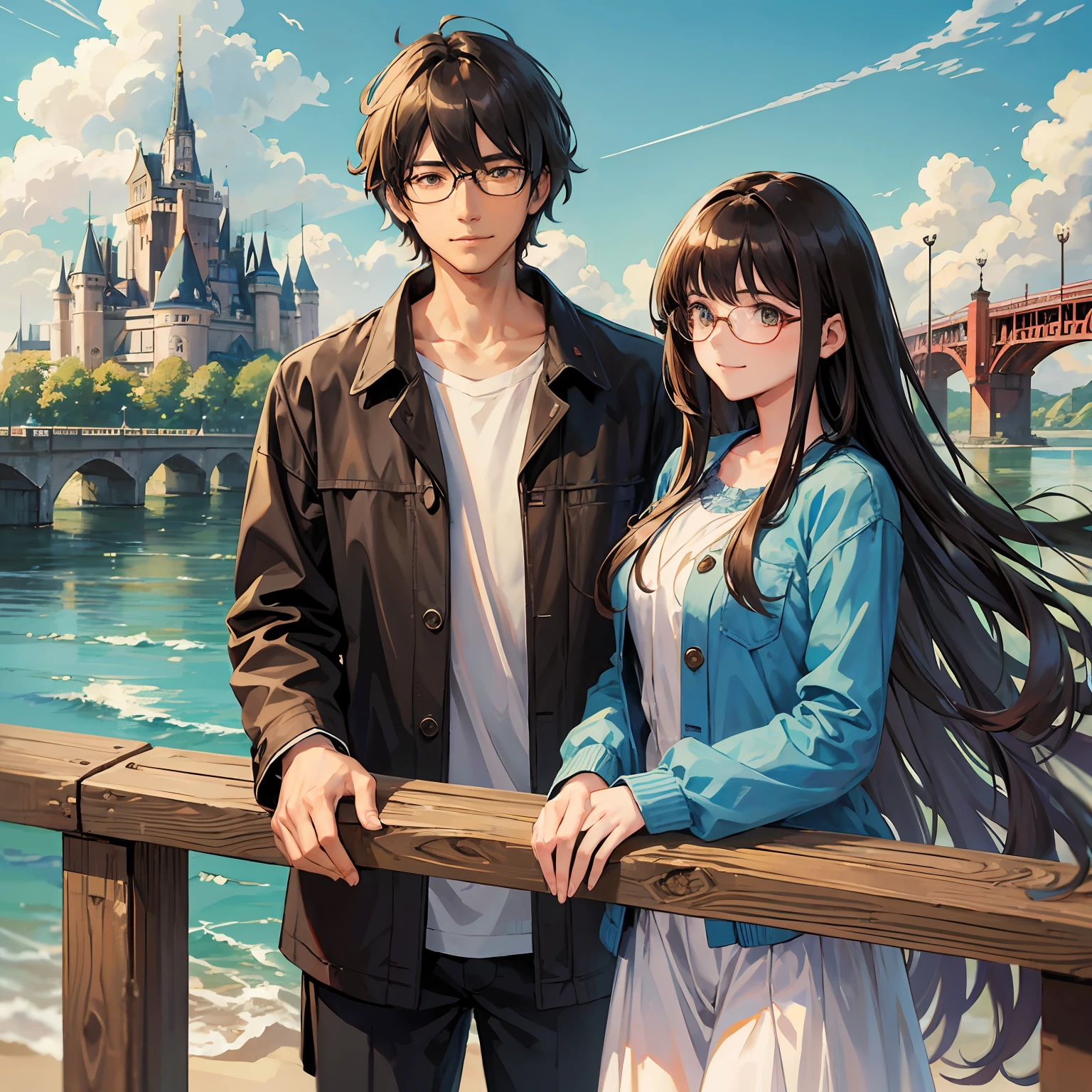 masterpiece, anime, cute, romantic, best quality, 2others, couple, mature, adult, height difference, different fashion, different color, casual clothes, long sleeves, smile, happy, love, swirling wind, blue sky, long haired man, light brown haired man, black haired woman, long haired woman, bespectacled woman, castle, bridge, river --auto --s2