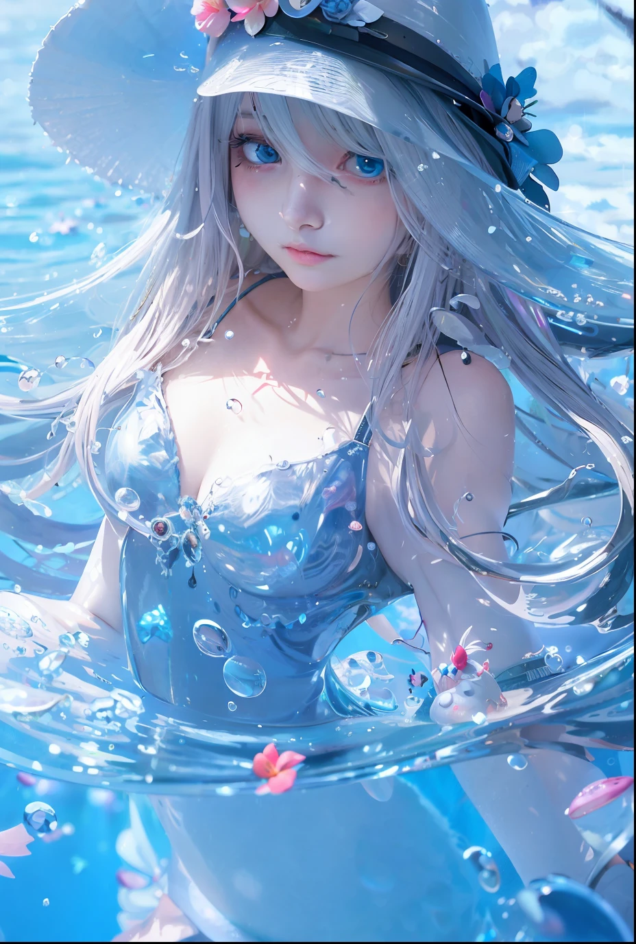 Anime girl with blue eyes and hat in water, head, bubbles, beautiful digital illustration, beautiful artwork illustration, beautiful digital artwork, channel, by Yuumei, beautiful digital illustration, stunning digital illustration, wallpaper anime blue water, inspired by Yuumei, Guvez 🌺 style artwork, CGSOCIETY, channel A, fantasy psychedelic anime, beautiful artwork