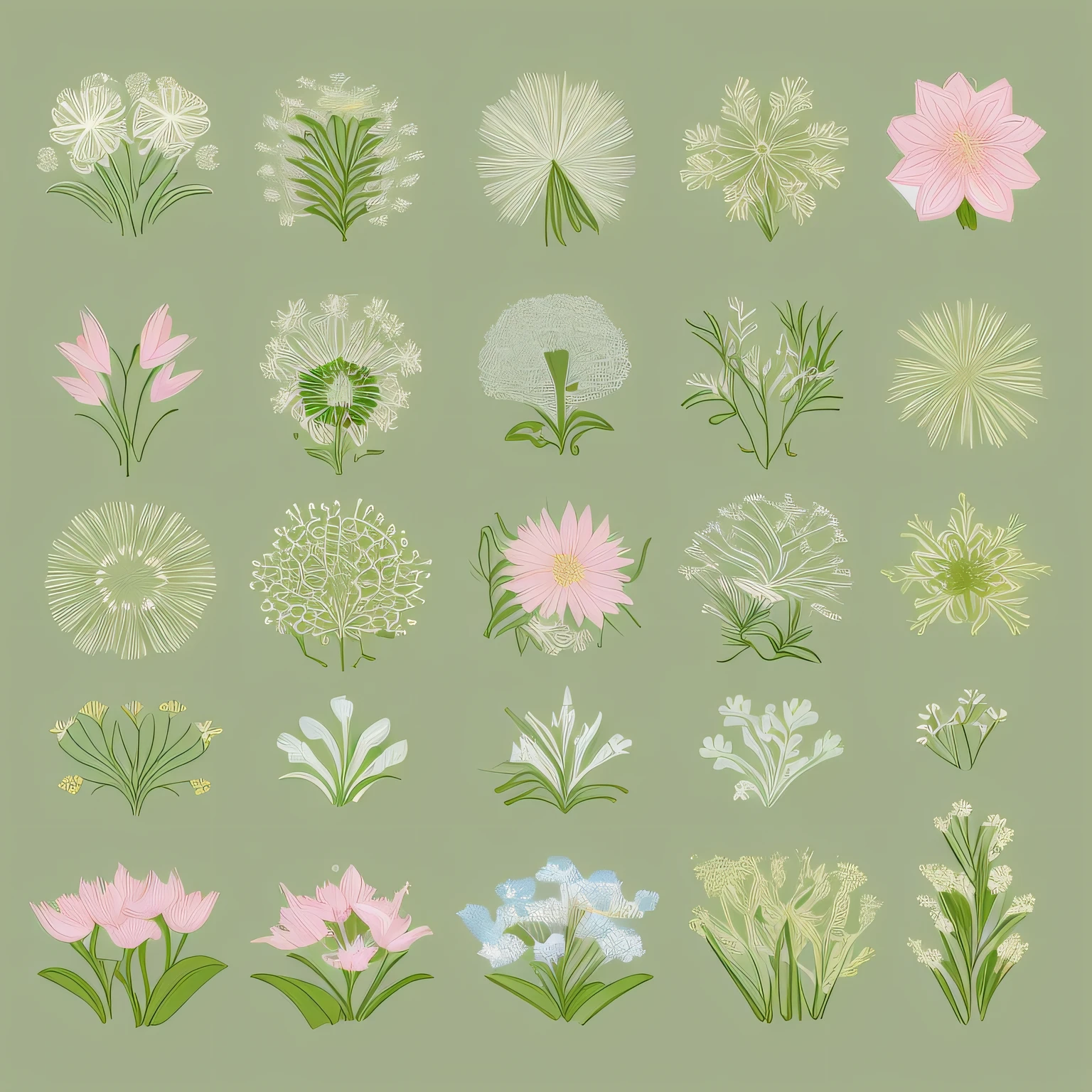 Small flower design, botanical style, label style, flat style, vector style, drawing style, naïve style, in very soft pastel colors such as pink, pastel purple, pastel green, pastel blue, light blue, beige, light pastel yellow.