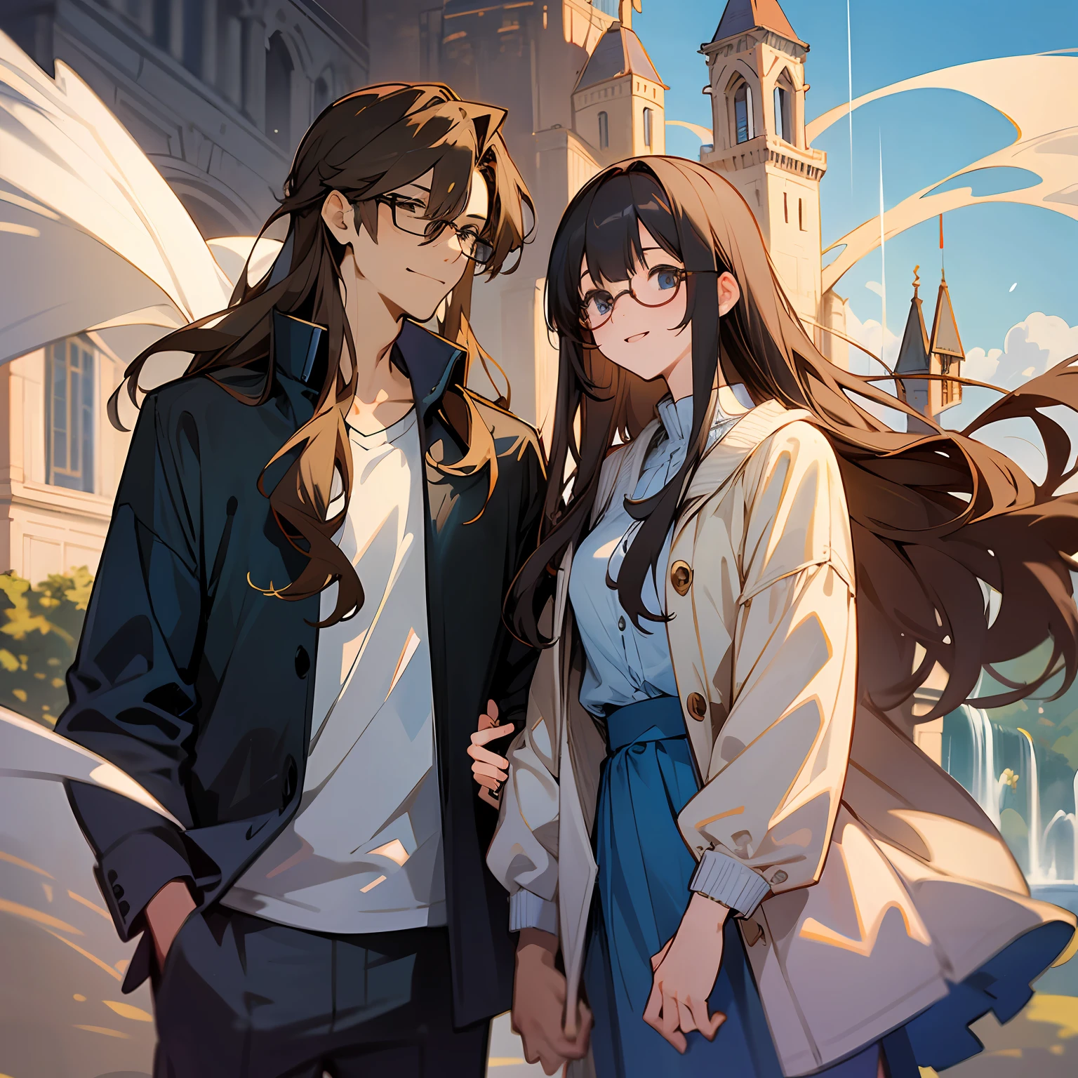 masterpiece, anime, cute, romantic, best quality, 2others, couple, mature, adult, height difference, different fashion, different color, casual clothes, long sleeves, smile, happy, love, swirling wind, blue sky, long haired man, light brown haired man, black haired woman, long haired woman, bespectacled woman, castle, waterfall --auto --s2