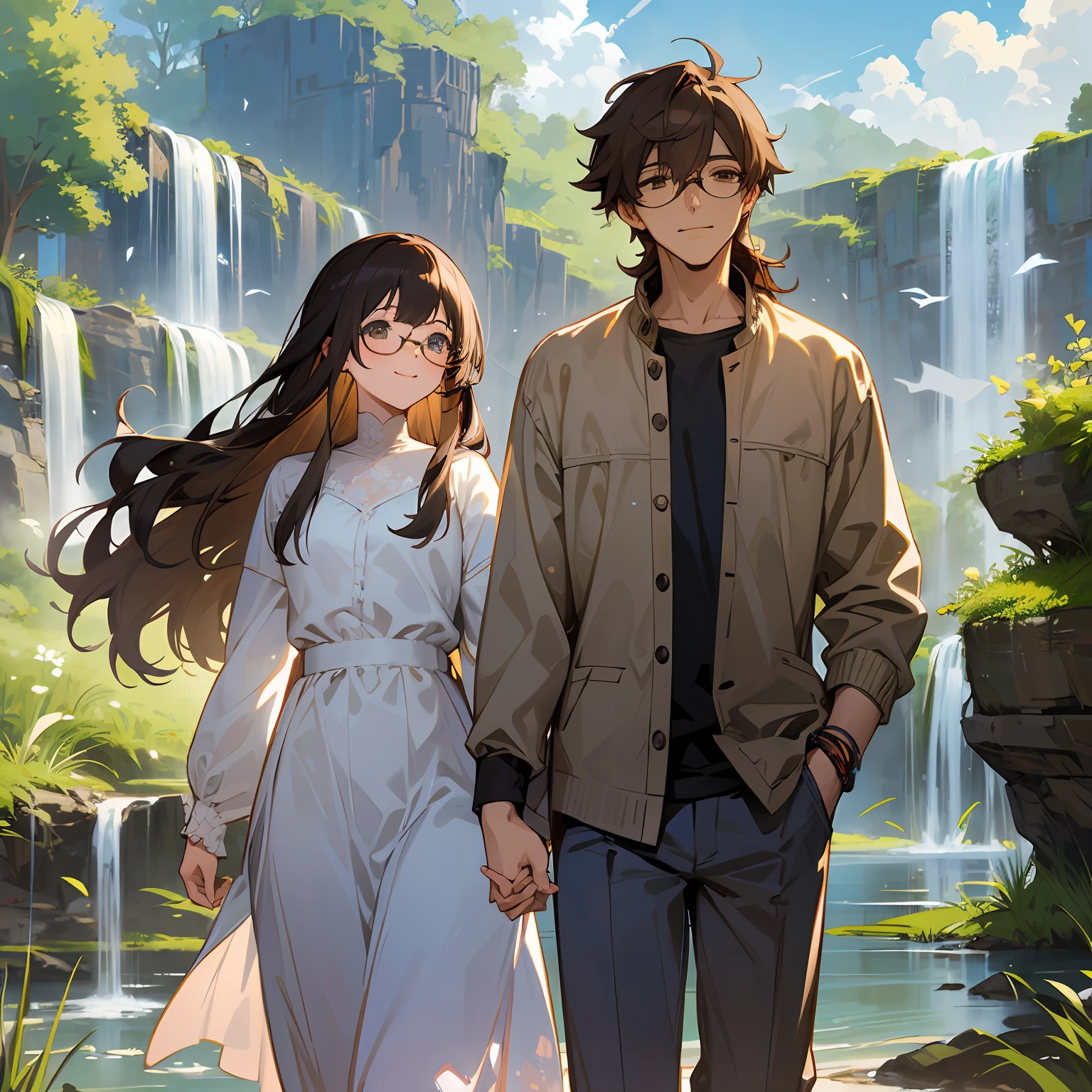 masterpiece, anime, cute, romantic, best quality, 2others, couple, mature, adult, height difference, different fashion, different color, casual clothes, long sleeves, smile, happy, love, swirling wind, blue sky, long haired man, light brown haired man, black haired woman, long haired woman, bespectacled woman, castle, waterfall --auto --s2