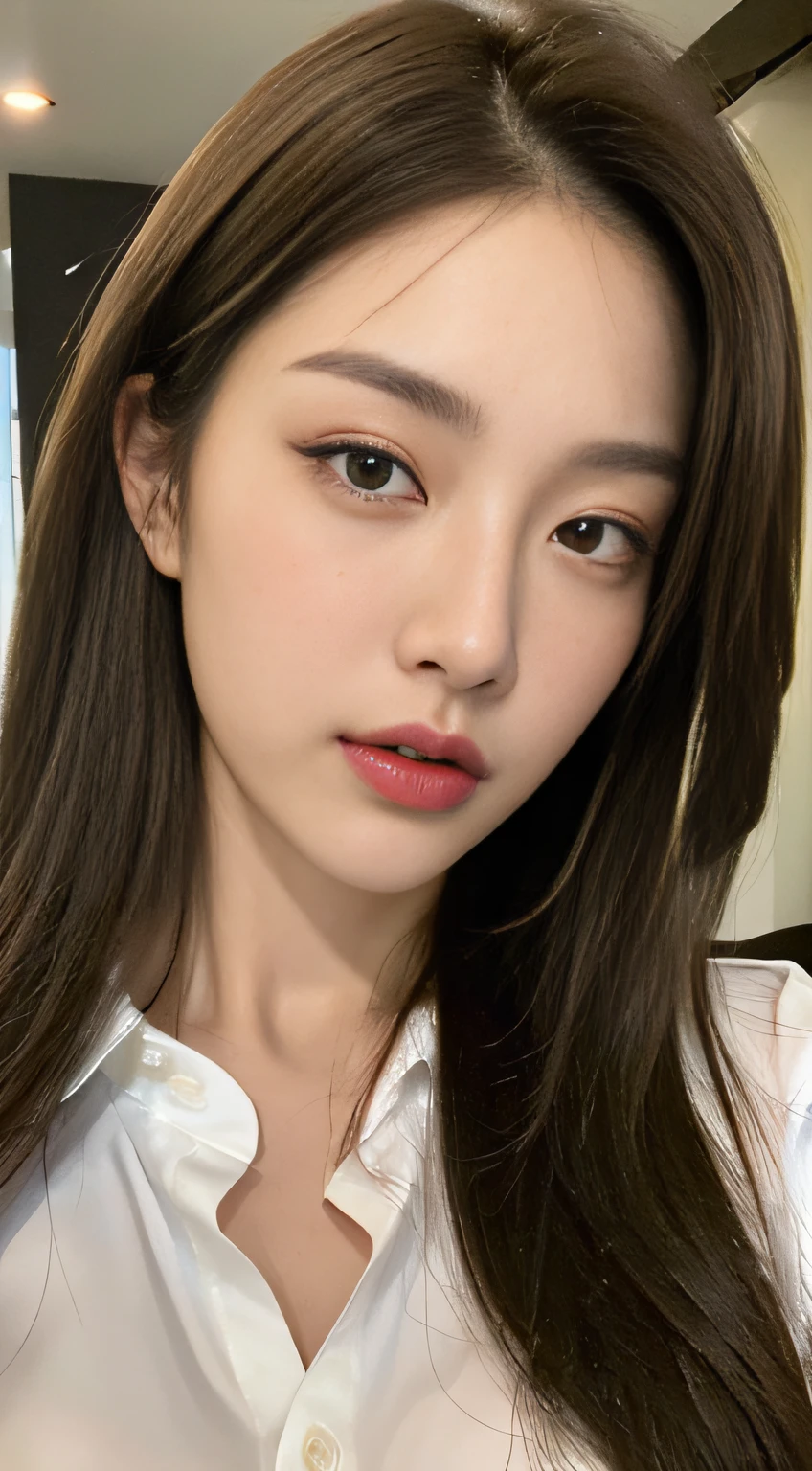 ((Best quality, 8k, Masterpiece :1.3)), Sharp focus :1.2, A pretty woman with perfect figure :1.4, Slender abs :1.2, ((Dark brown hair, Big breasts :1.2)), (White button up long shirt :1.1), City street:1.2, Highly detailed face and skin texture, Detailed eyes, Double eyelid