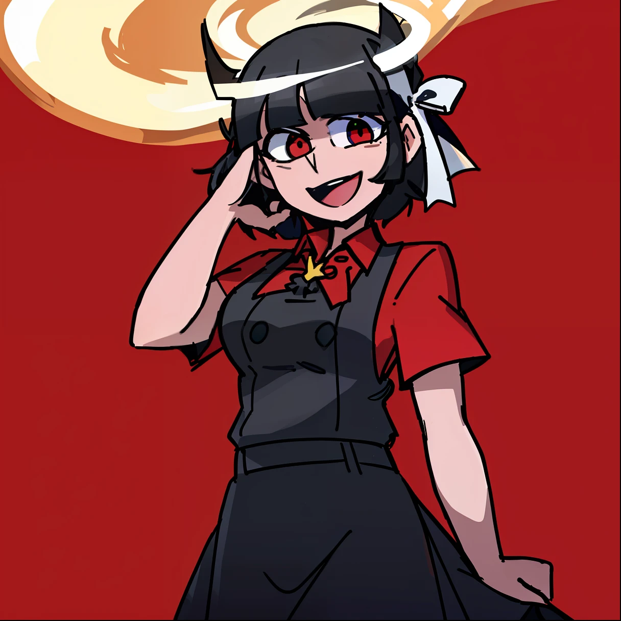 2d, masterpiece, best quality, highly detailed eyes, highly detailed face, cowboy shot, feet out of frame, 1girl, solo, standing, black background, red background, helltaker, azazel \(helltaker\), white shirt, white pants, gold trim, halo, angel, black hair, short hair, white ribbon, hair ribbon, light blue eyes, looking at viewer, smile, open mouth, hand on own face, straight-on