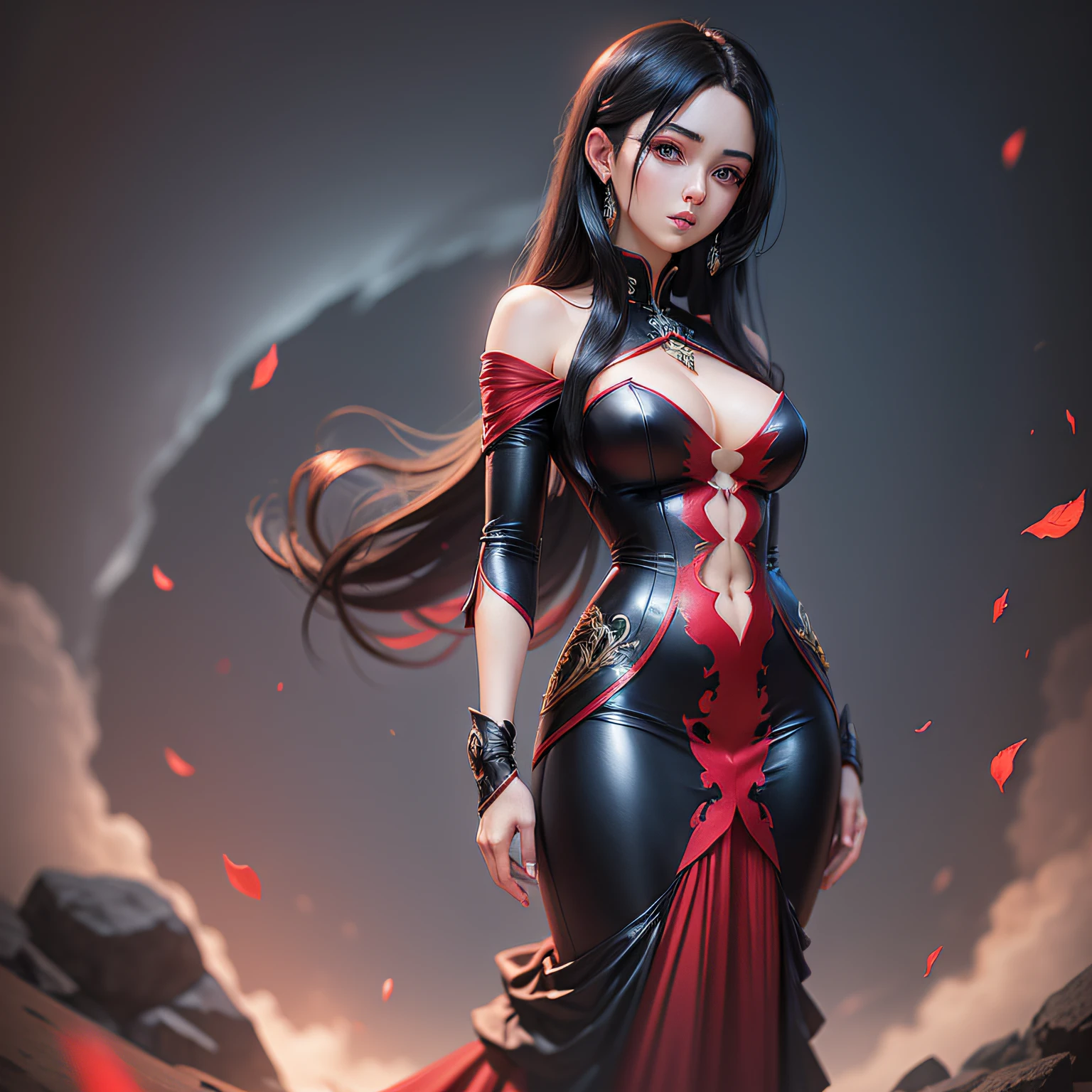 (ultra-realistic anime photography, full-body portrait, stunning 25-year-old woman elegantly styled with black hair, adorned in a breathtaking crimson blue dress, highly detailed features) --auto --s2