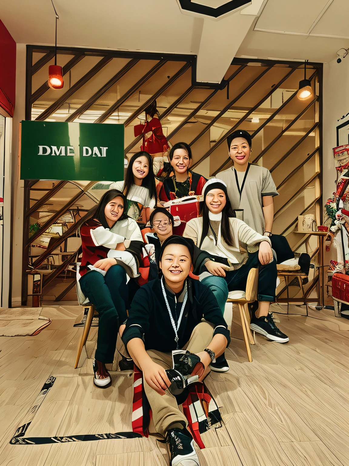 there are many people sitting and standing in a room together, 3 girls and 4 boys, group photo, fanart, Christmas theme