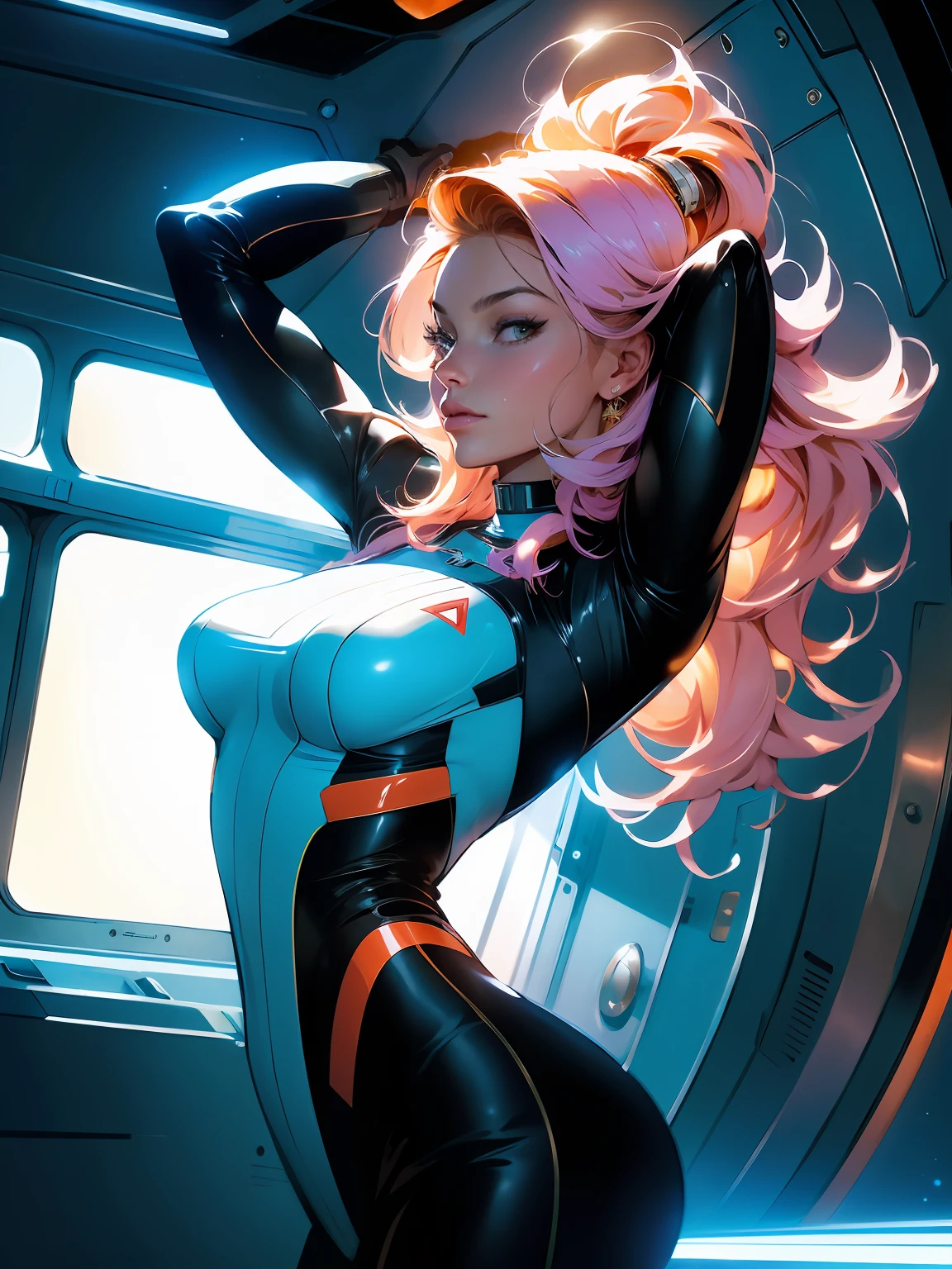 Margot Robbie as the captain of a spaceship, looking through a glass window to space, (inspired by mass effect), one piece armor, arms up, armpit, (8k, RAW photo, photorealistic: 1.25), (lots of lip gloss, lots of eyelashes, watery eyes, best quality, ultra high resolution, depth of field, chromatic aberration, caustic, wide light, natural color, picture from distance (1:2)