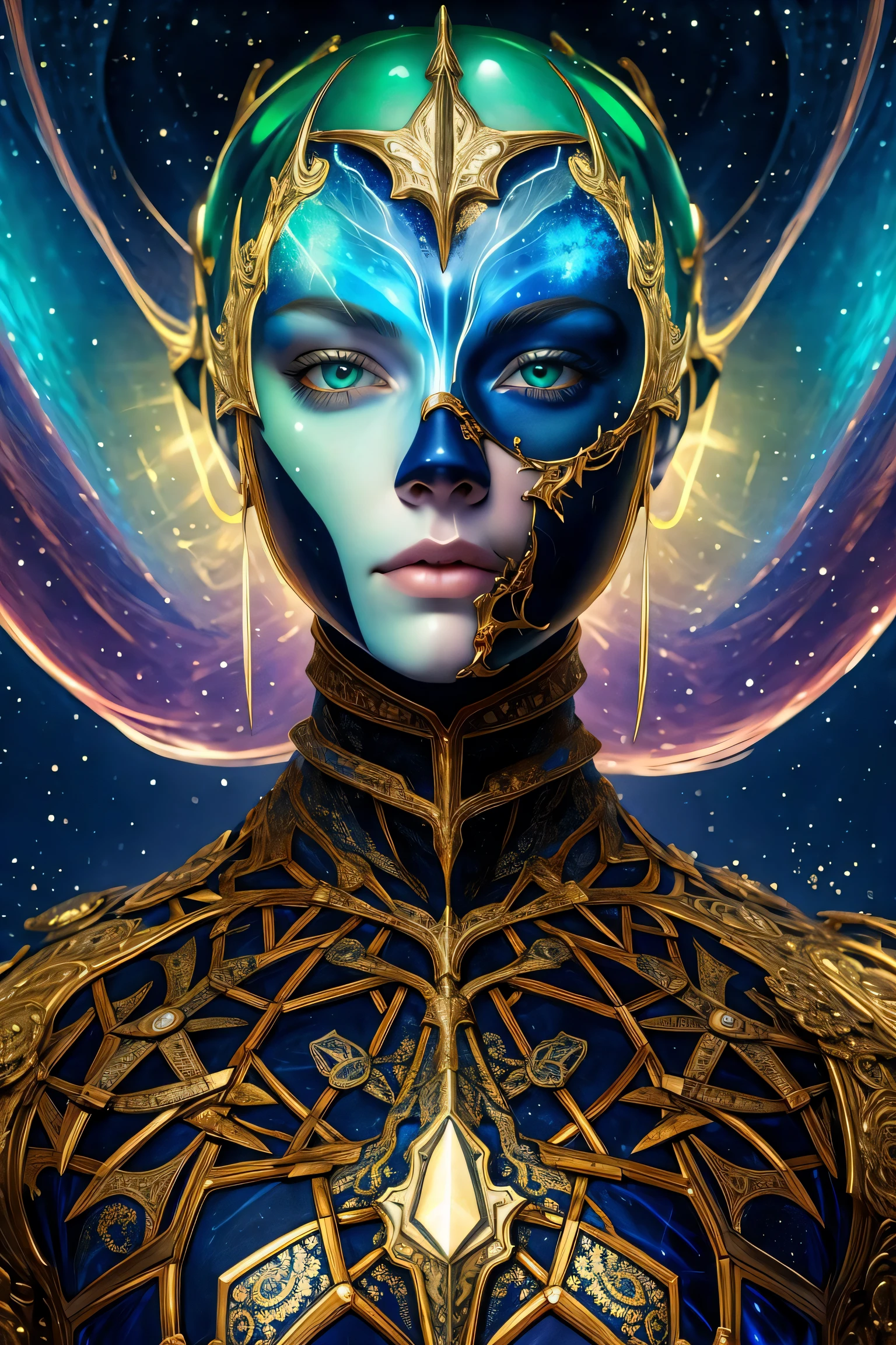 _james jean, (1girl), wearing a heavy knight armor, dark armor, intricate black and gold armor details, intricate beautiful green fields,| beautiful night sky | photo manipulation| beautiful composition, colorful and vibrant, mystical colors, contemporary impressionism, yanjun cheng portrait painting, iridescent painting, 3/4 perspective view, cute face, low angle, (the most beautiful portrait in the world:1.5) BREAK
UHD, HDR, 8K, (Masterpiece:1. 5),