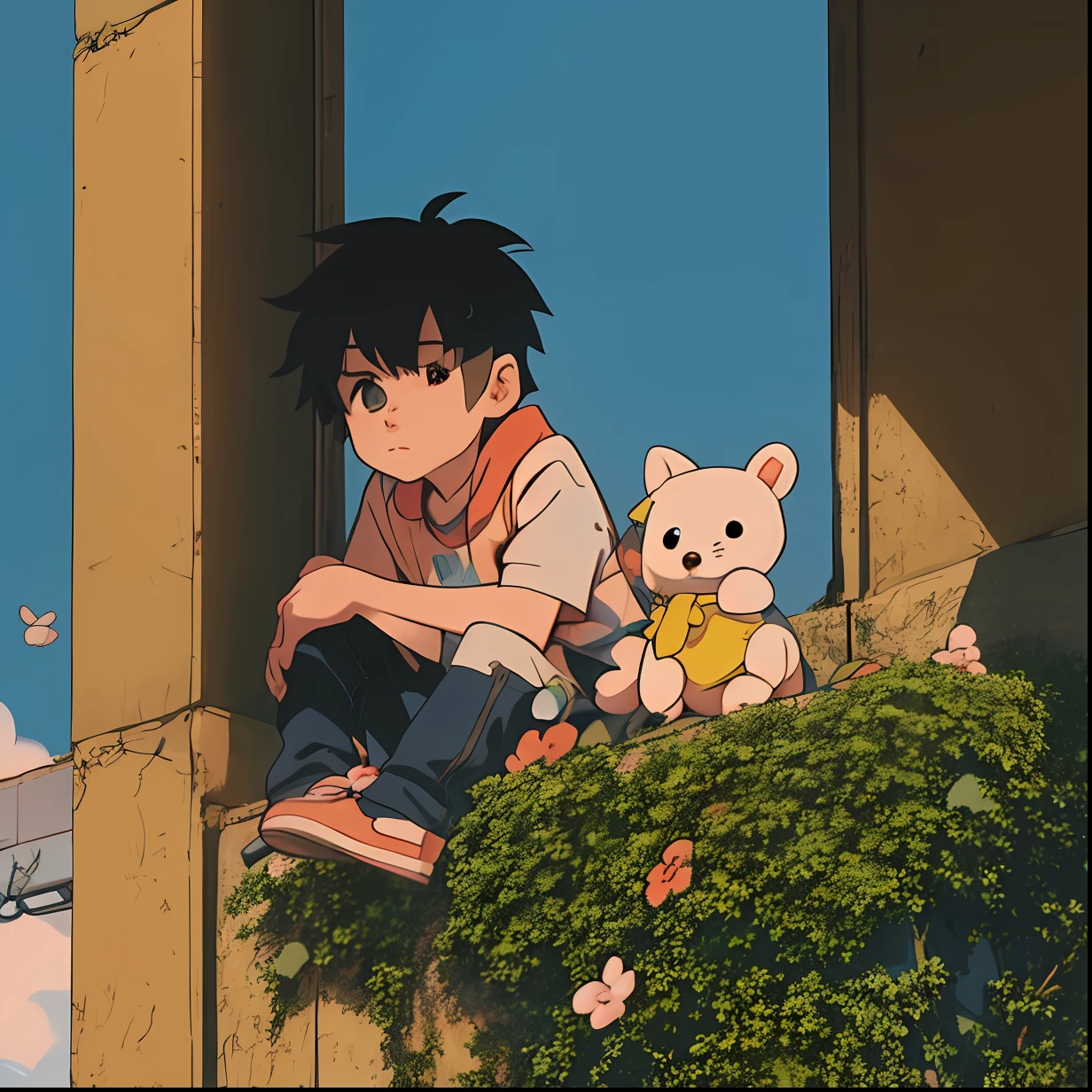 anime boy sitting on a ledge with stuffed animals, cute art style, lofi artstyle, cute detailed digital art, anime aesthetic, cute anime, high quality anime artstyle, anime boy, anime artstyle, cute detailed artwork, soft anime illustration, lofi girl, lofi aesthetic, lofi art, lofi, cute artwork, high quality fanart, illustrated anime