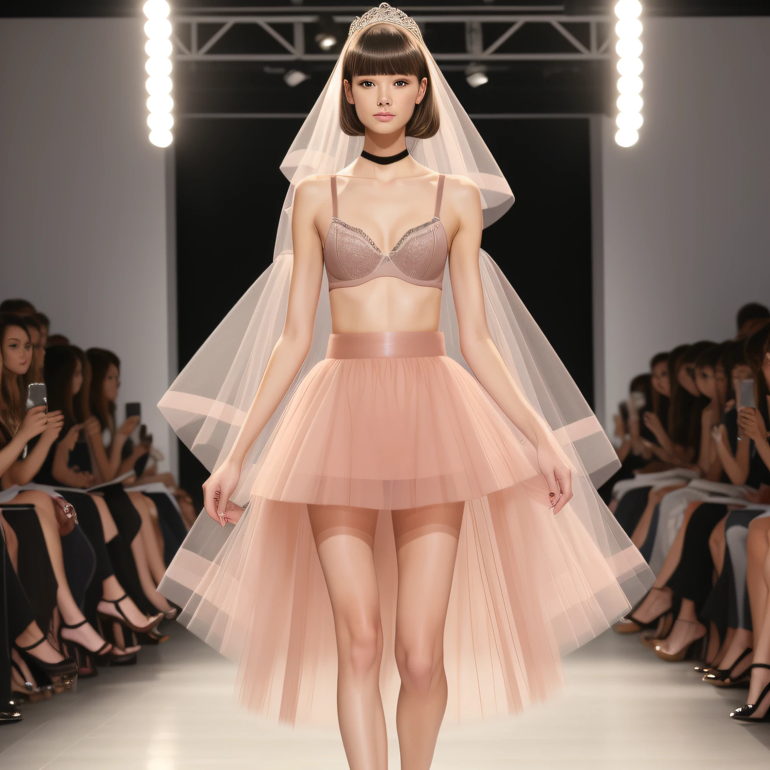 Vacuum, flesh-colored tulle, D-cup, flesh-colored tulle BRA, catwalk show, long-legged model --auto --s2