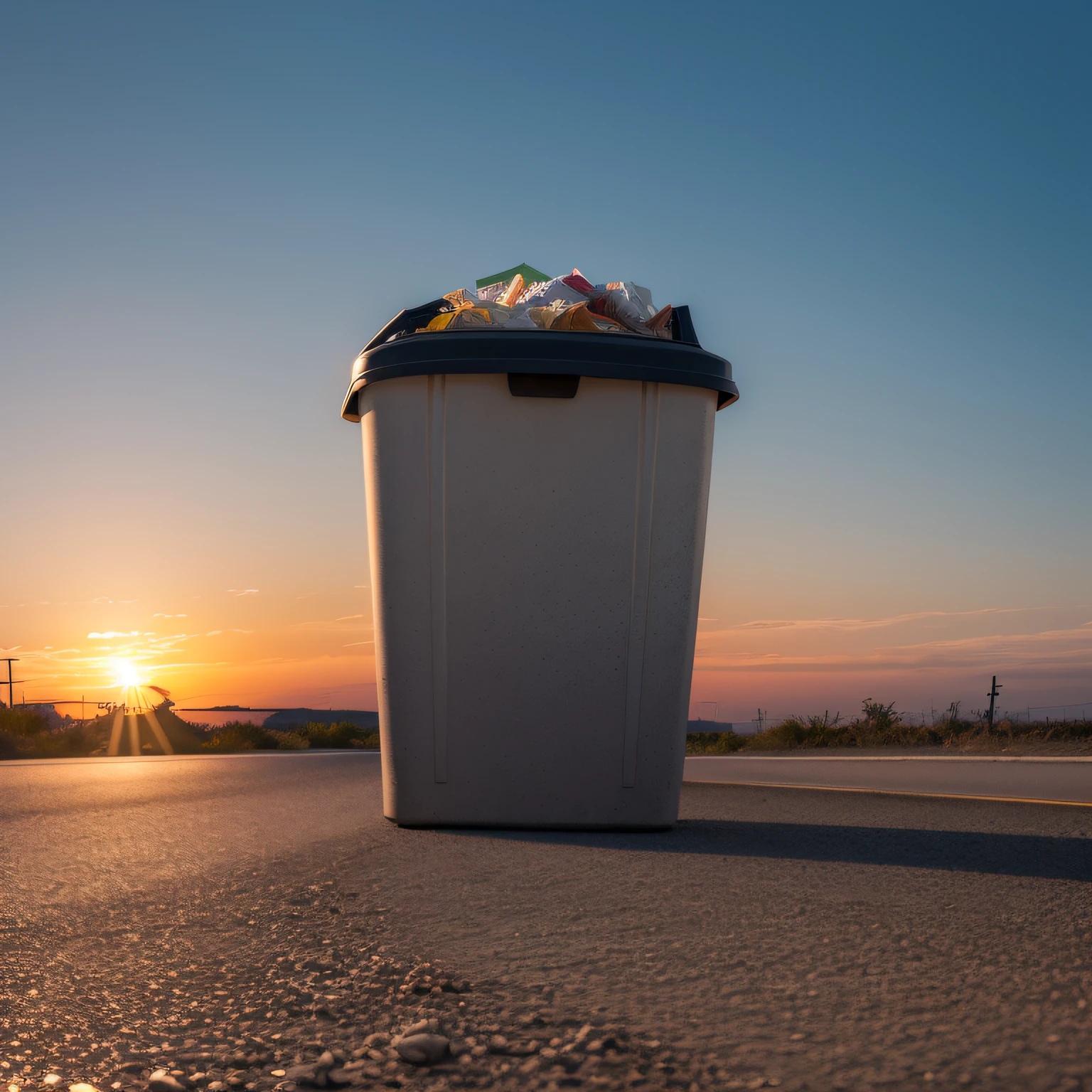 sunset on the road, a trash can on the side of the road, and a little garbage dirty around it, cinematic shot, high sunlight