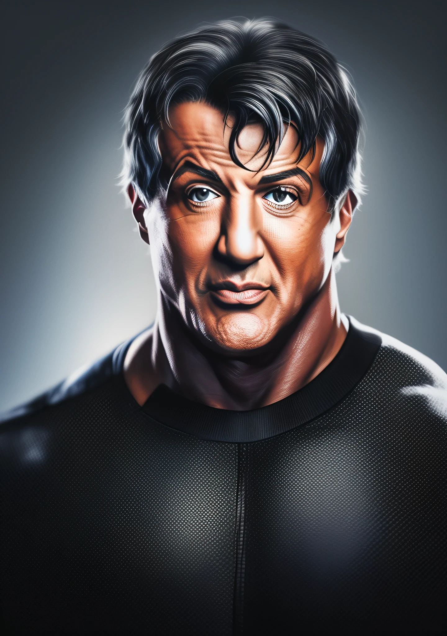 a painting with gray hair (Sylvester Stallone) black eyes, social clothing, above all, ultra realistic, with two-tone lighting and sharp focus, in 4k full HD, with low key and matte-black matrix, closeup --auto --s2