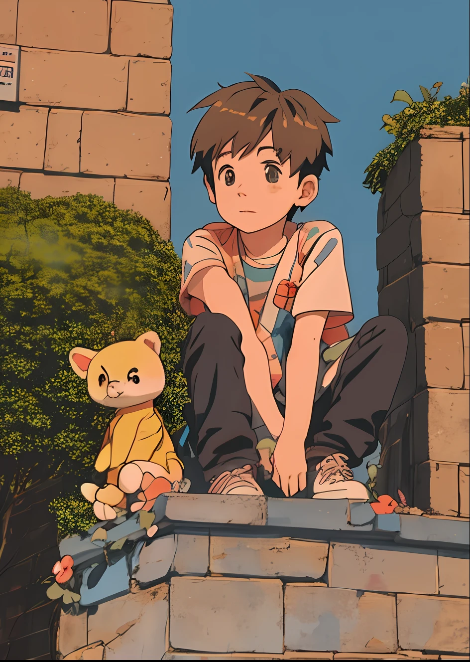 anime boy sitting on a ledge with stuffed animals, cute art style, lofi artstyle, cute detailed digital art, anime aesthetic, cute anime, high quality anime artstyle, anime boy, anime artstyle, cute detailed artwork, soft anime illustration, lofi girl, lofi aesthetic, lofi art, lofi, cute artwork, high quality fanart, illustrated anime