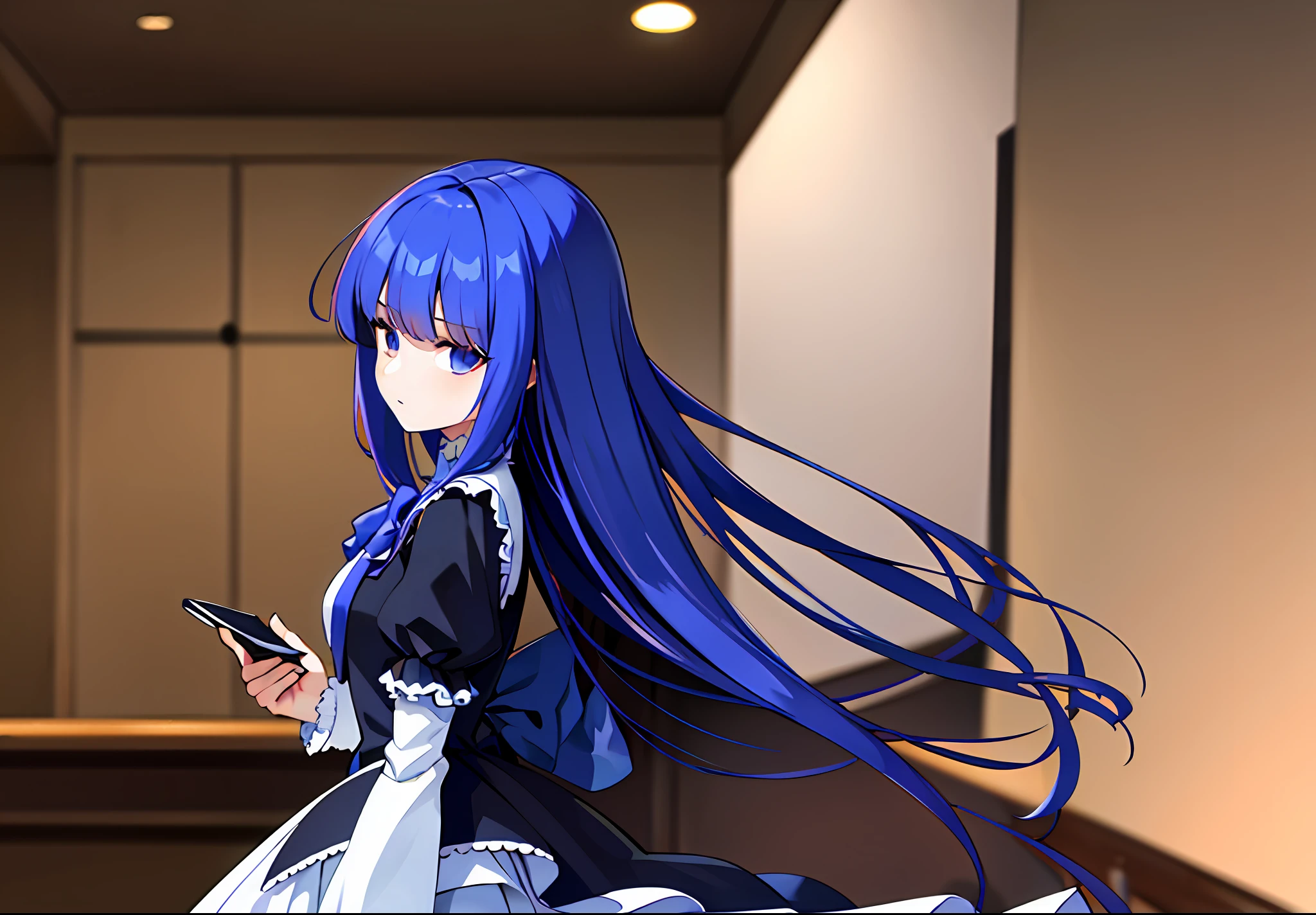 frederica bernkastel, look from side, masterpiece, best quality, blue hair