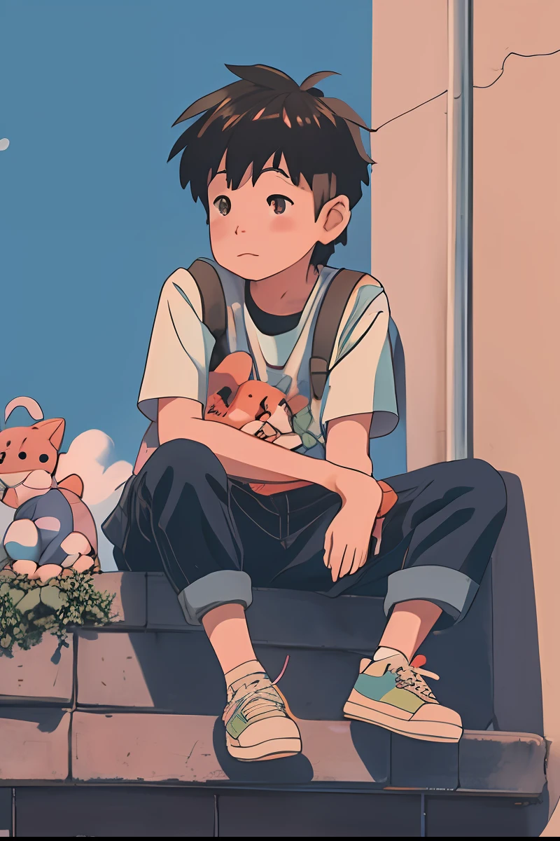 anime boy sitting on a ledge with stuffed animals, cute art style, lofi artstyle, cute detailed digital art, anime aesthetic, cute anime, high quality anime artstyle, anime boy, anime artstyle, cute detailed artwork, soft anime illustration, lofi girl, lofi aesthetic, lofi art, lofi, cute artwork, high quality fanart, illustrated anime