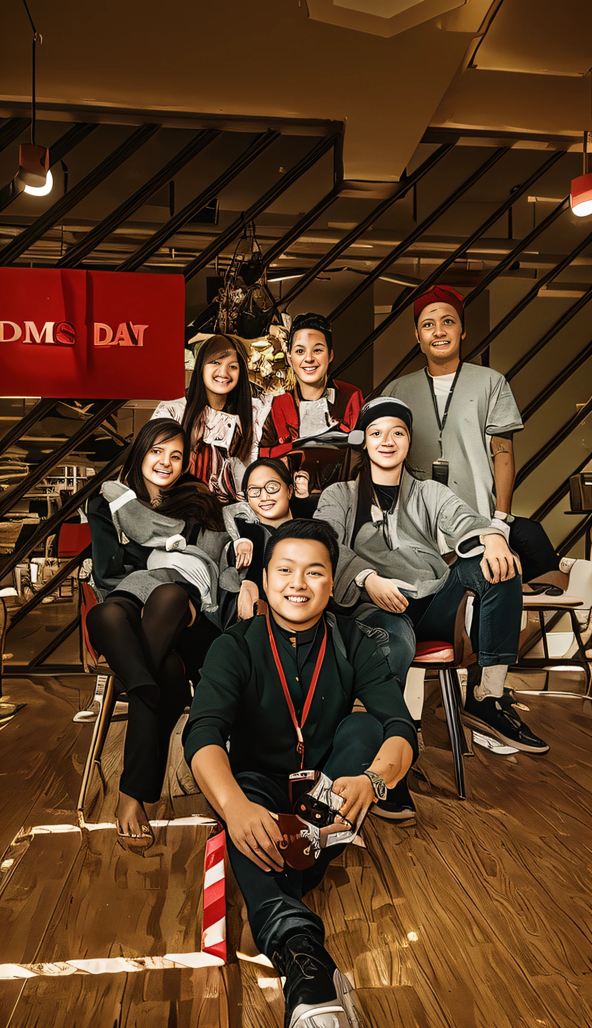 there are many people sitting and standing in a room together, 3 girls and 4 boys, group photo, fanart, Christmas theme, photorealistic,  professional lighting, real world,
