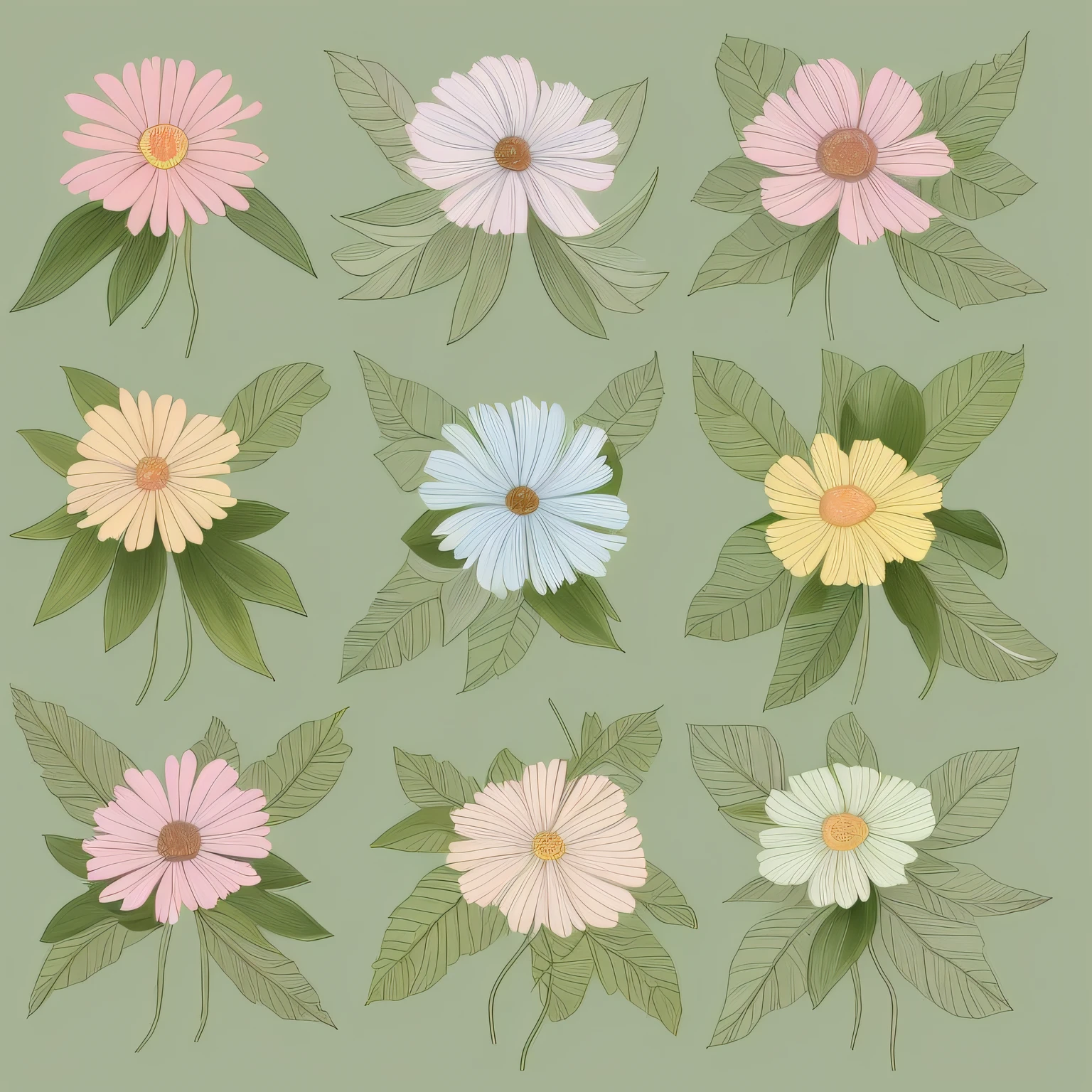 Small flower design, botanical style, label style, flat style, vector style, drawing style, naïve style, in very soft pastel colors such as pink, pastel purple, pastel green, pastel blue, light blue, beige, light pastel yellow.