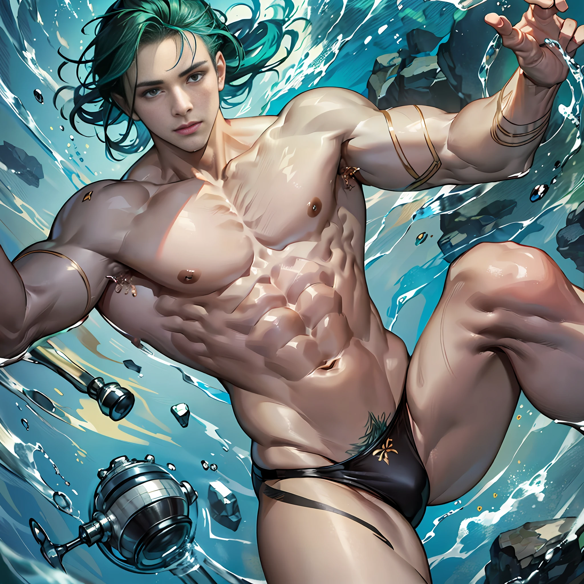 1boy, ((bara:1.5)), sport body, sexy, spread legs, detailed face, detailed hands, detailed legs, detailed fingers, detailed hair, detailed eyes, detailed skin, dynamic lighting, (detailed lighting:1.2), (detailed textures:1.3), (realistic lighting:1.2), realistic shadows, realistic skin, (photorealistic:1.4), 8k uhd, (hyper realistic), (photo realistic), (masterpiece), (best quality), body paint, small tiny black g-string, bare chest, flat chest, bare shoulders, small bulge, underwater, wide angle, swimming, athletic body, male, iridescent skin, perfect eyes, messy green hair , bio-luminescent