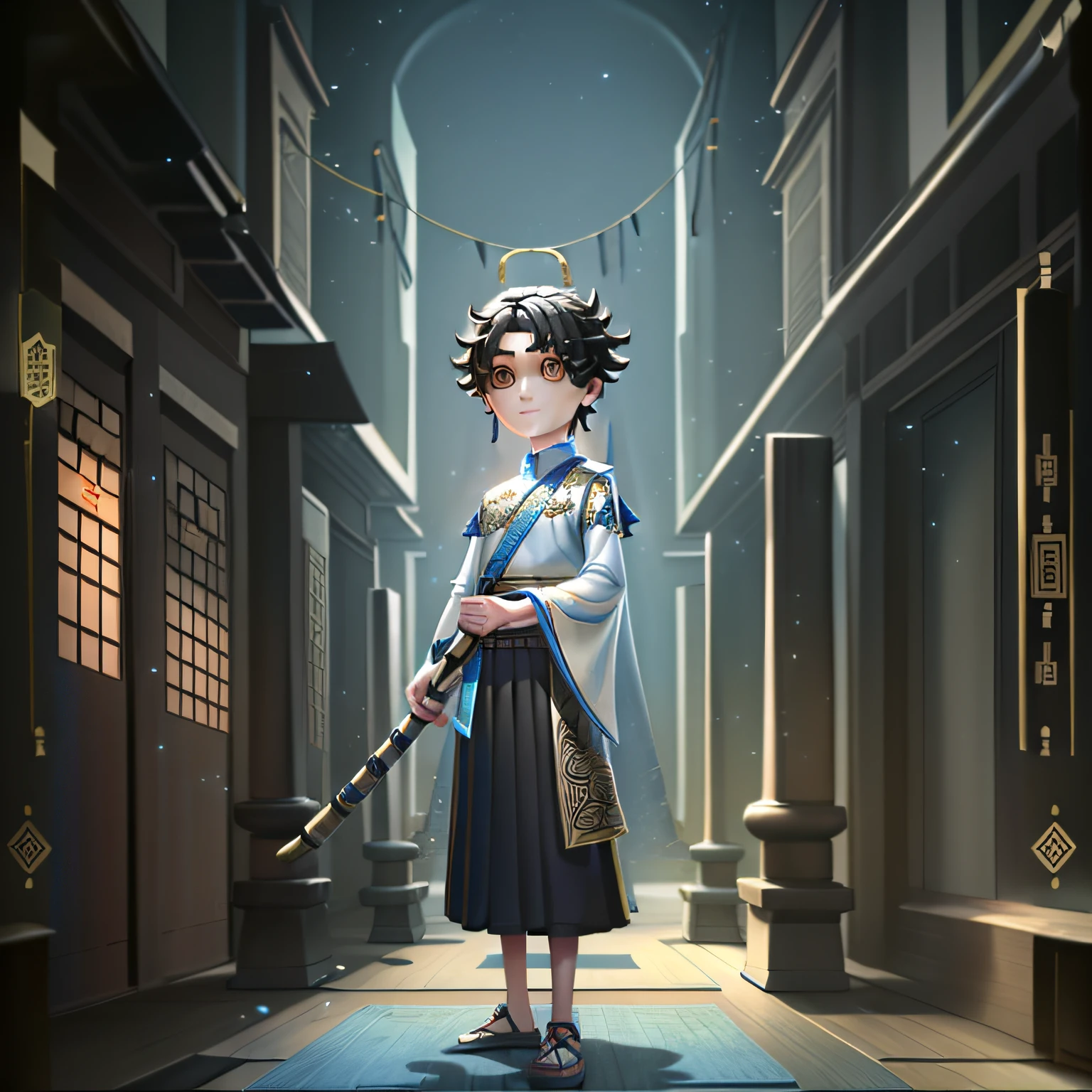 Masterpiece, high quality, young boy, black long skirt, light blue top, holding shakuhachi, chinese, facing forward, looking at camera, full body, center of screen