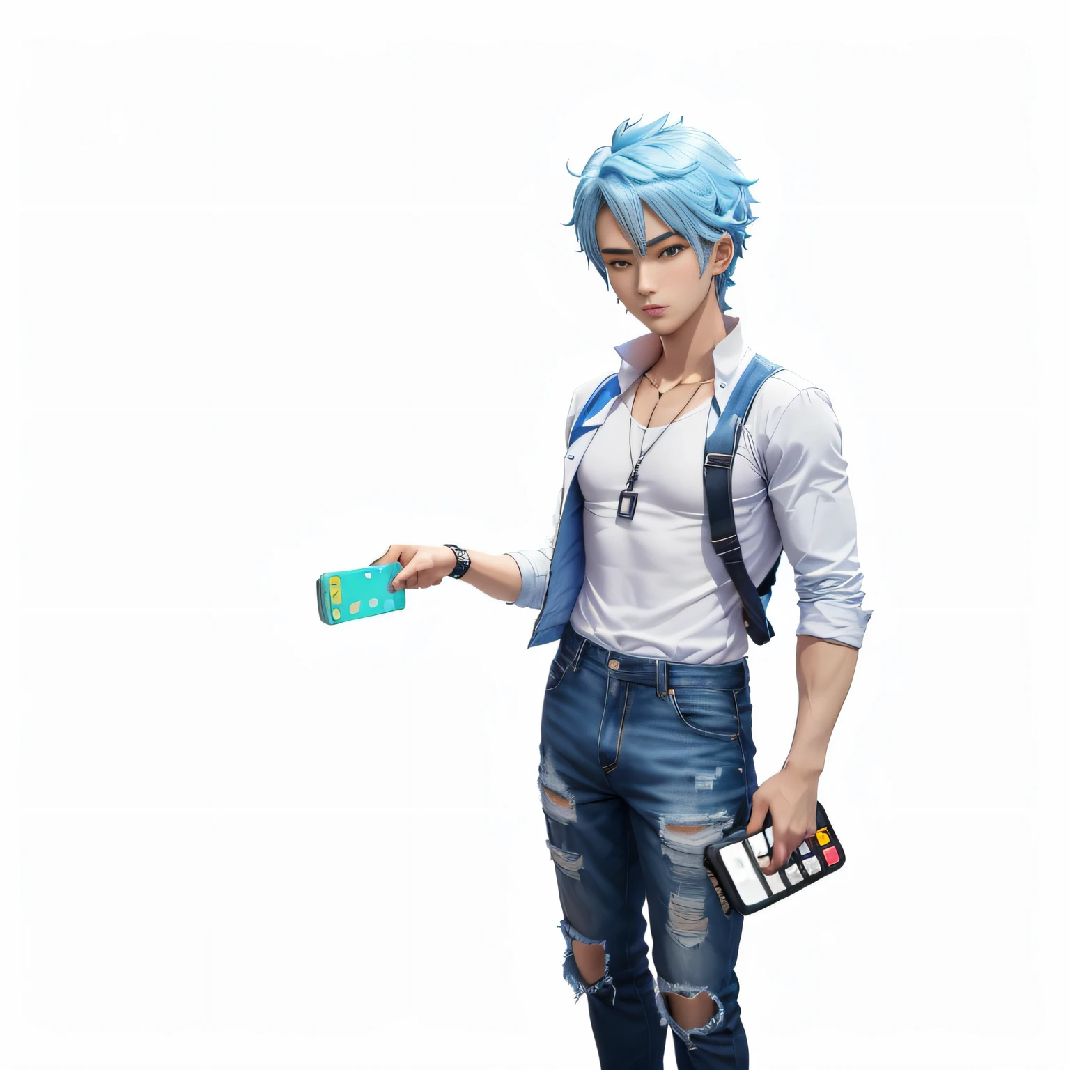 Arafed male figure holding a remote control and a remote control, live2d virtual youtuber model, anime vtuber full body model, 2 d anime style, single full body character, 2 d anime, young anime man, anime style 3d, male anime character, official character art, whole body single character, promotional render ( stayed in a supermarket, 8 0 s anime vibe, professional cosplay,)