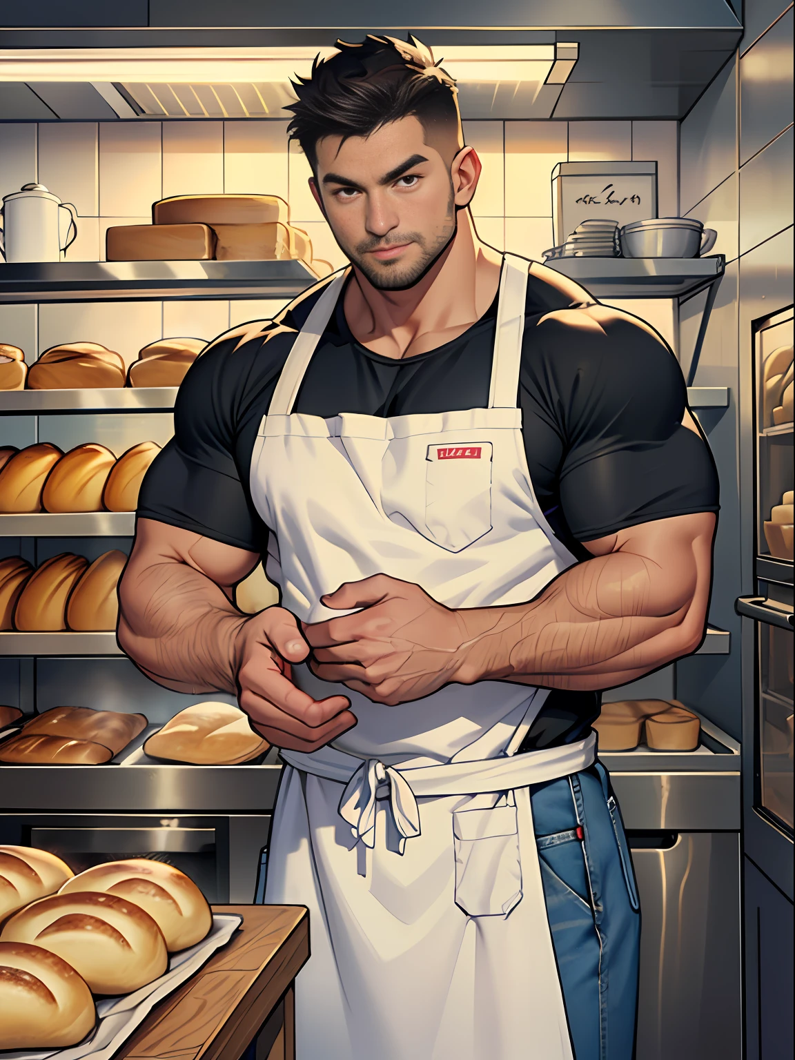 30 years old, big eyes, Chinese male, stubble, white inch, huge muscles, exaggerated muscles, mature man, muscle swelling, bodybuilding, pectoral muscles, abs, in a bakery, plenty of bread, short sleeves, apron, baker, jeans, natural light, wet, wheat-colored skin, 1man, standing
