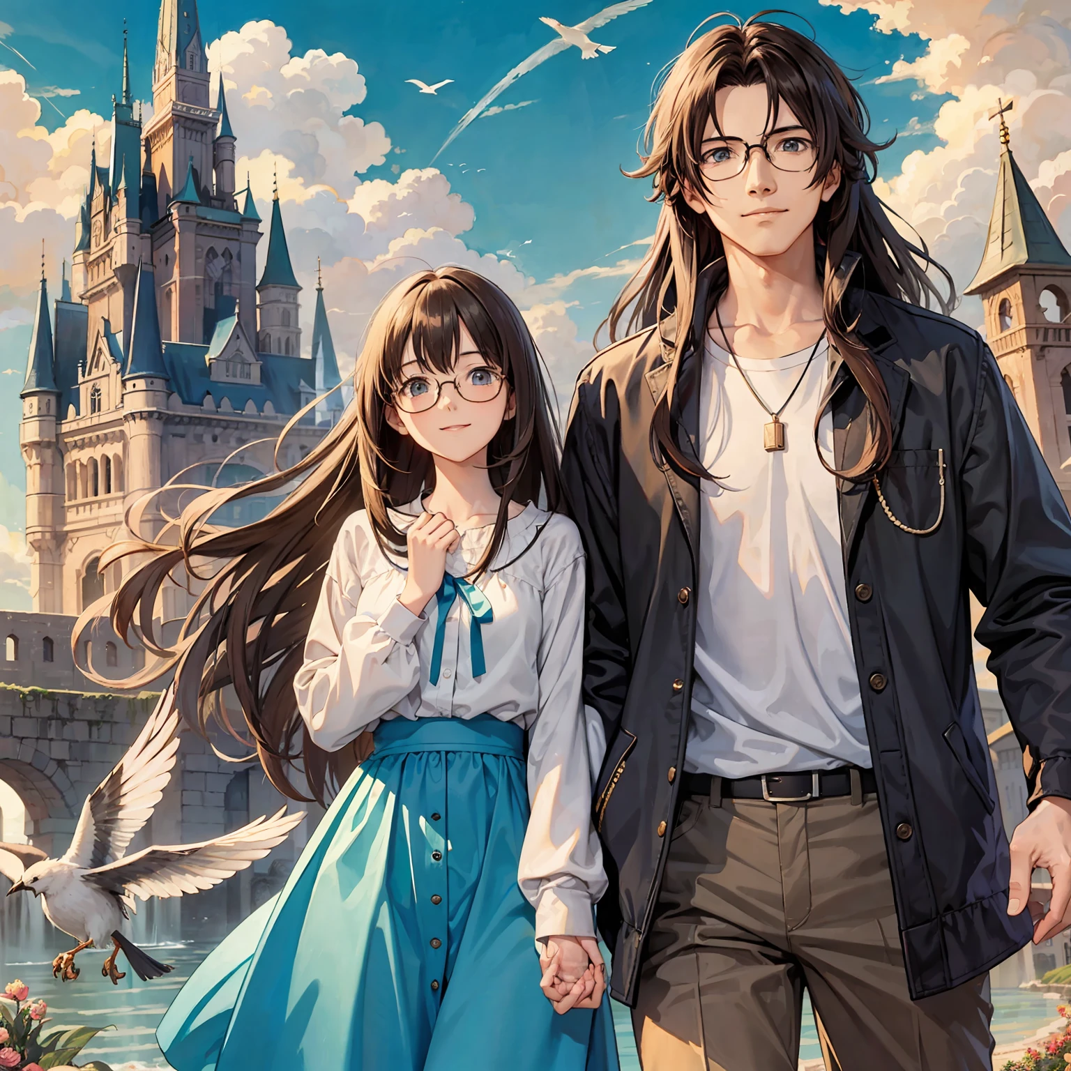 masterpiece, anime, cute, romantic, best quality, 2others, couple, mature, adult, height difference, different fashion, different color, casual clothes, long sleeves, smile, happy, love, swirling wind, blue sky, long-haired man, light brown haired man, black-haired woman, long-haired woman, bespectacled woman, castle, waterfall, birds, clouds, orange sky --auto --s2