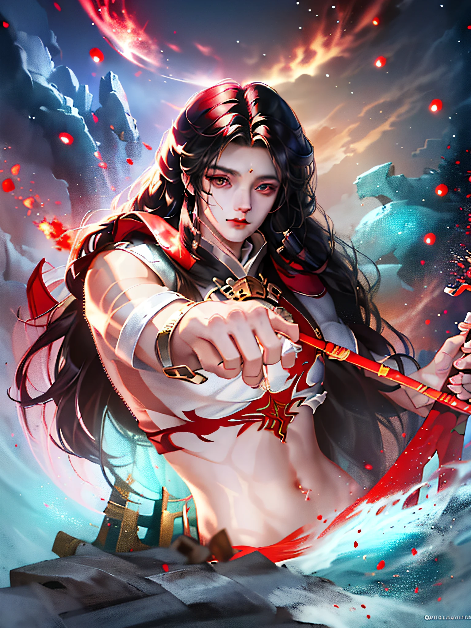 Magic, cool red particle special effects, handsome young swordsman, long black hair flying in the wind, golden eyes, dashing expression, high quality, high quality, game CG, movie lighting, high detail, masterpiece, frontal, PBR rendering + UE engine, movie poster