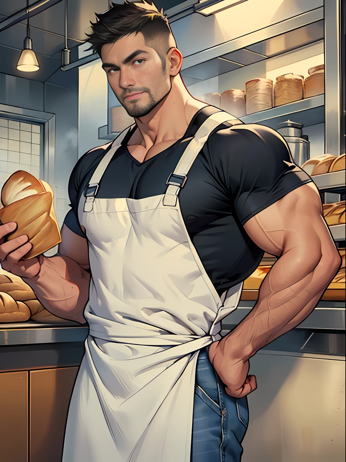 30 years old, big eyes, Chinese male, stubble, white inch, huge muscles, exaggerated muscles, mature man, muscle swelling, bodybuilding, pectoral muscles, abs, in a bakery, plenty of bread, short sleeves, apron, baker, jeans, natural light, wet, wheat-colored skin, 1man, standing
