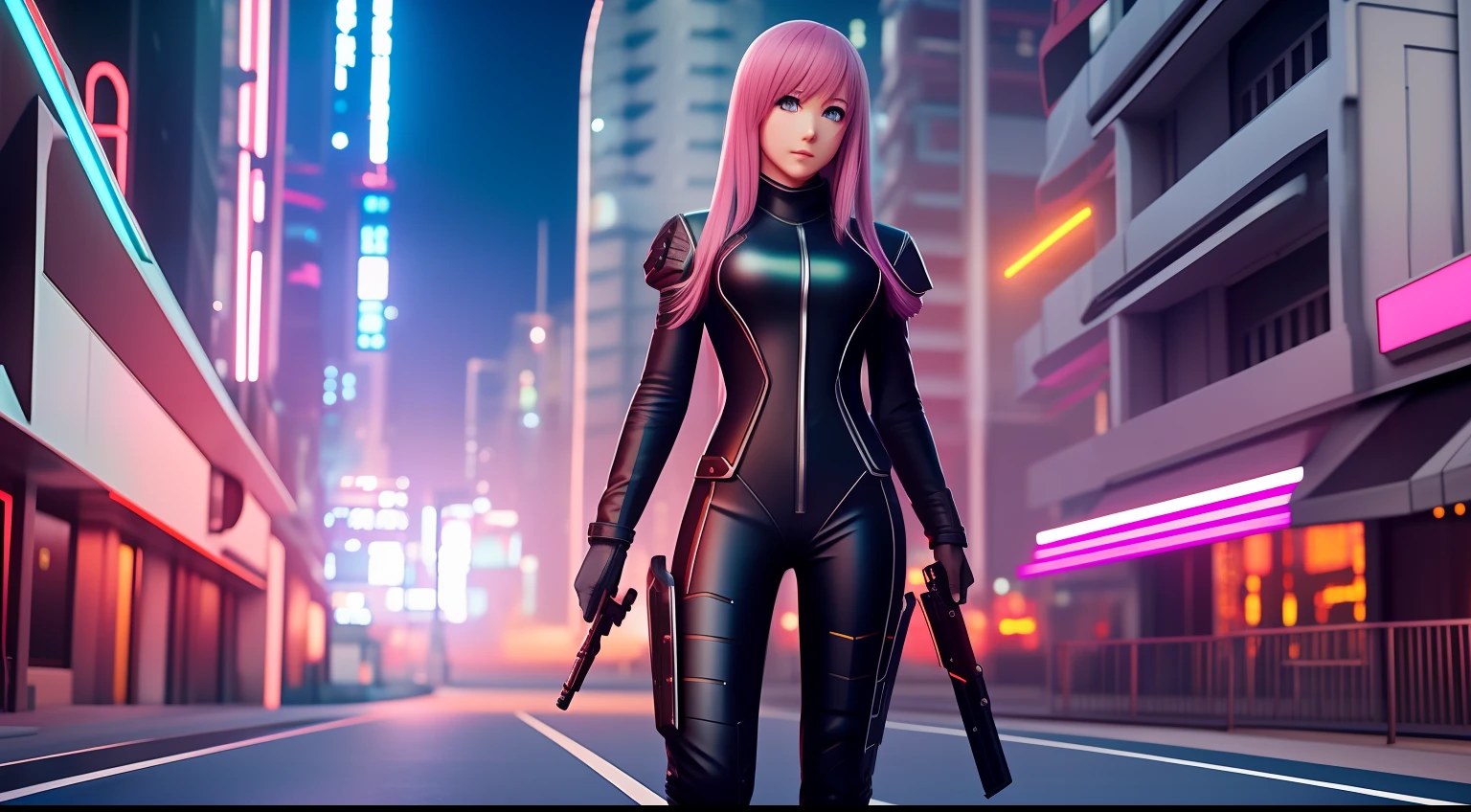 8k resolution ultra realistic full body picture of a beautiful anime girl, wearing high tech catsuit with weapon cyberpunk road