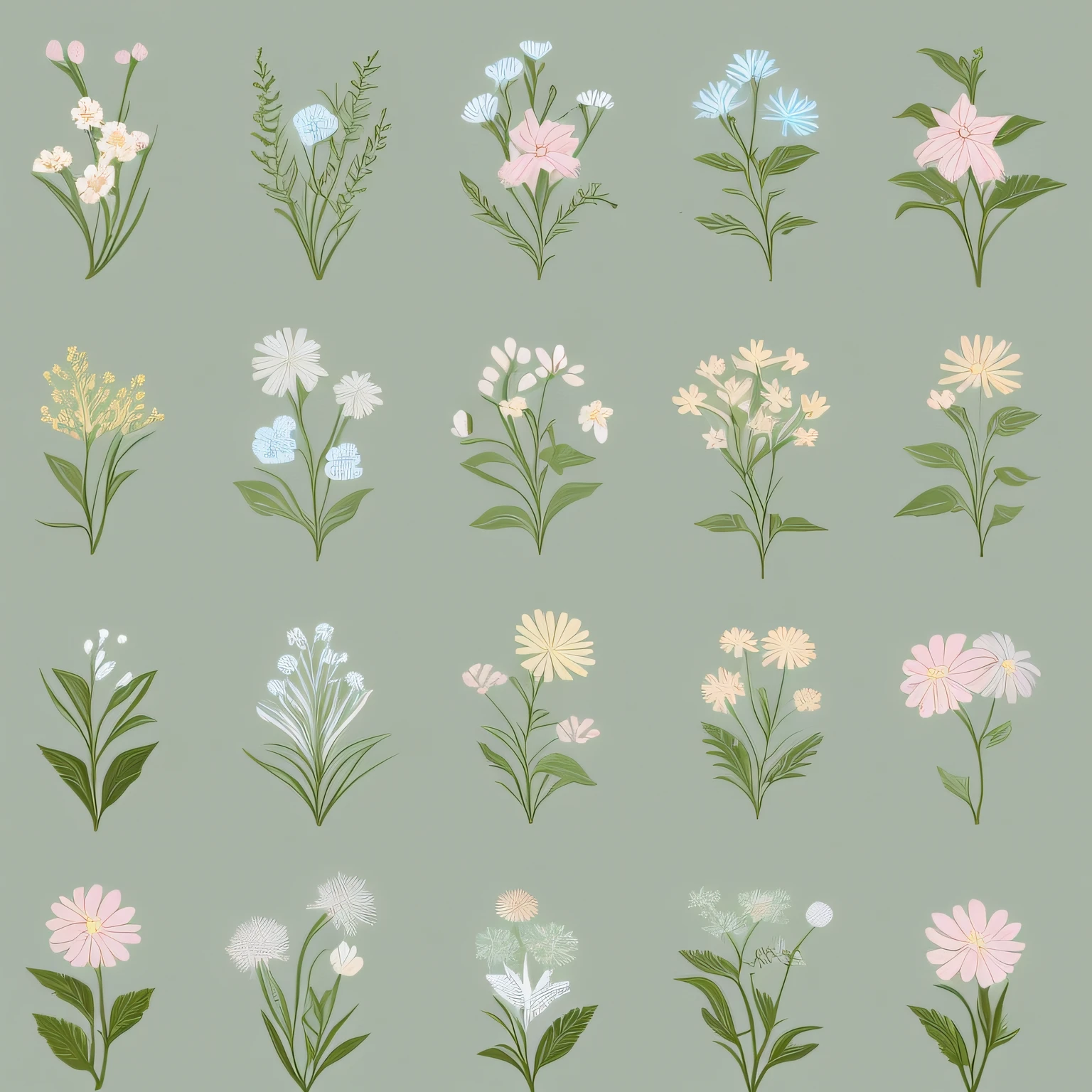 Small flower design, botanical style, label style, flat style, vector style, drawing style, naïve style, in very soft pastel colors such as pink, pastel purple, pastel green, pastel blue, light blue, beige, light pastel yellow. Light pastel light blue background.
