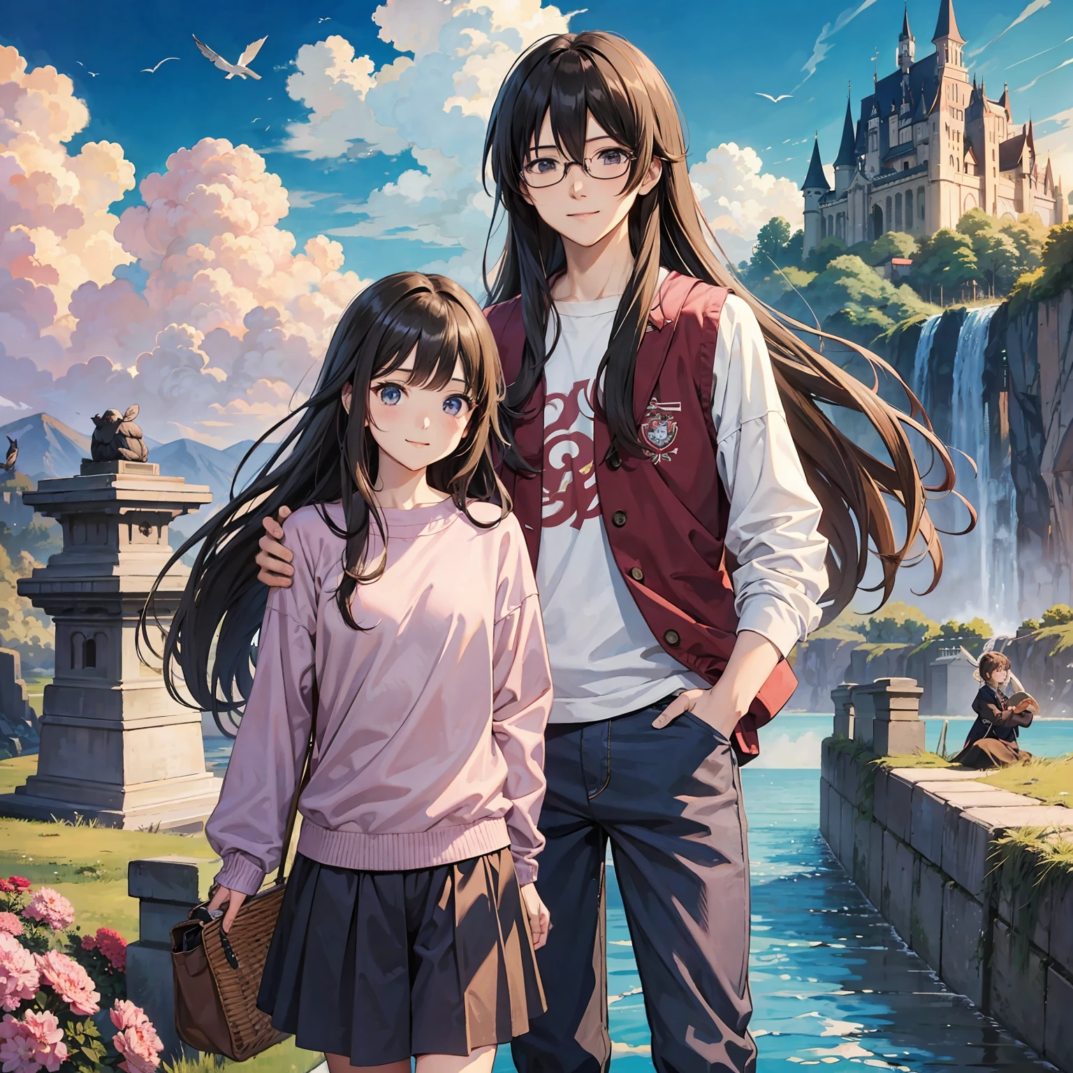 masterpiece, anime, cute, romantic, best quality, 2others, couple, mature, adult, height difference, different fashion, different color, casual clothes, long sleeves, smile, happy, love, swirling wind, blue sky, long haired man, light brown haired man, black haired woman, long haired woman, bespectacled woman, castle, waterfall, birds, clouds, pink sky --auto --s2
