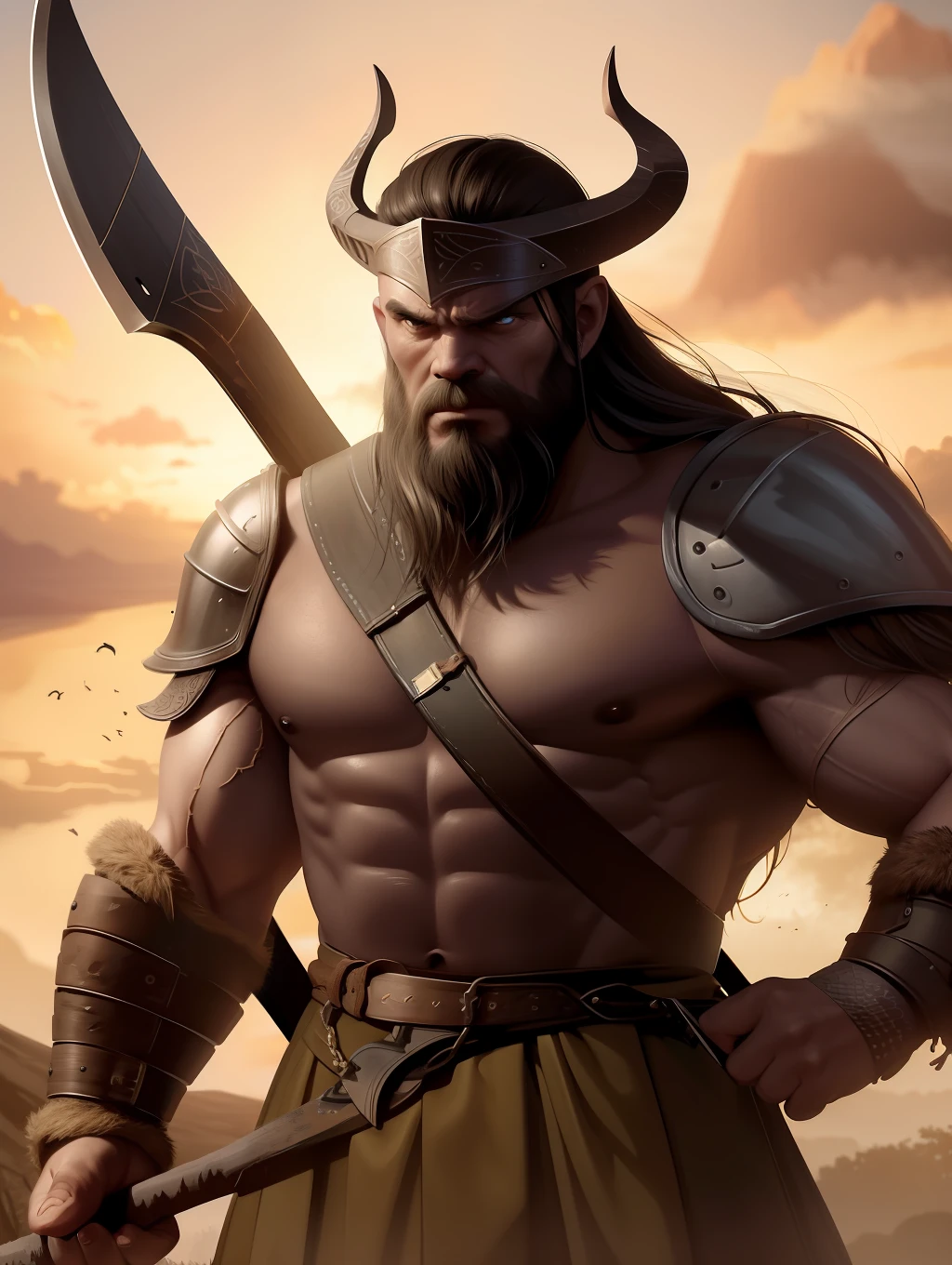 A very strong viking warrior, wearing a viking helmet,in a battlefield, holding an axe, pixar artstyle, fierce eyebrows, cinematic rim light, very thick neck, intense action, dynamic juxtaposition, young warrior, very high quality face, desert game, exploitable image, face neck shoulders, tall strong man, long windy hair, stylized dynamic folds, angry man, Pixar artstyle