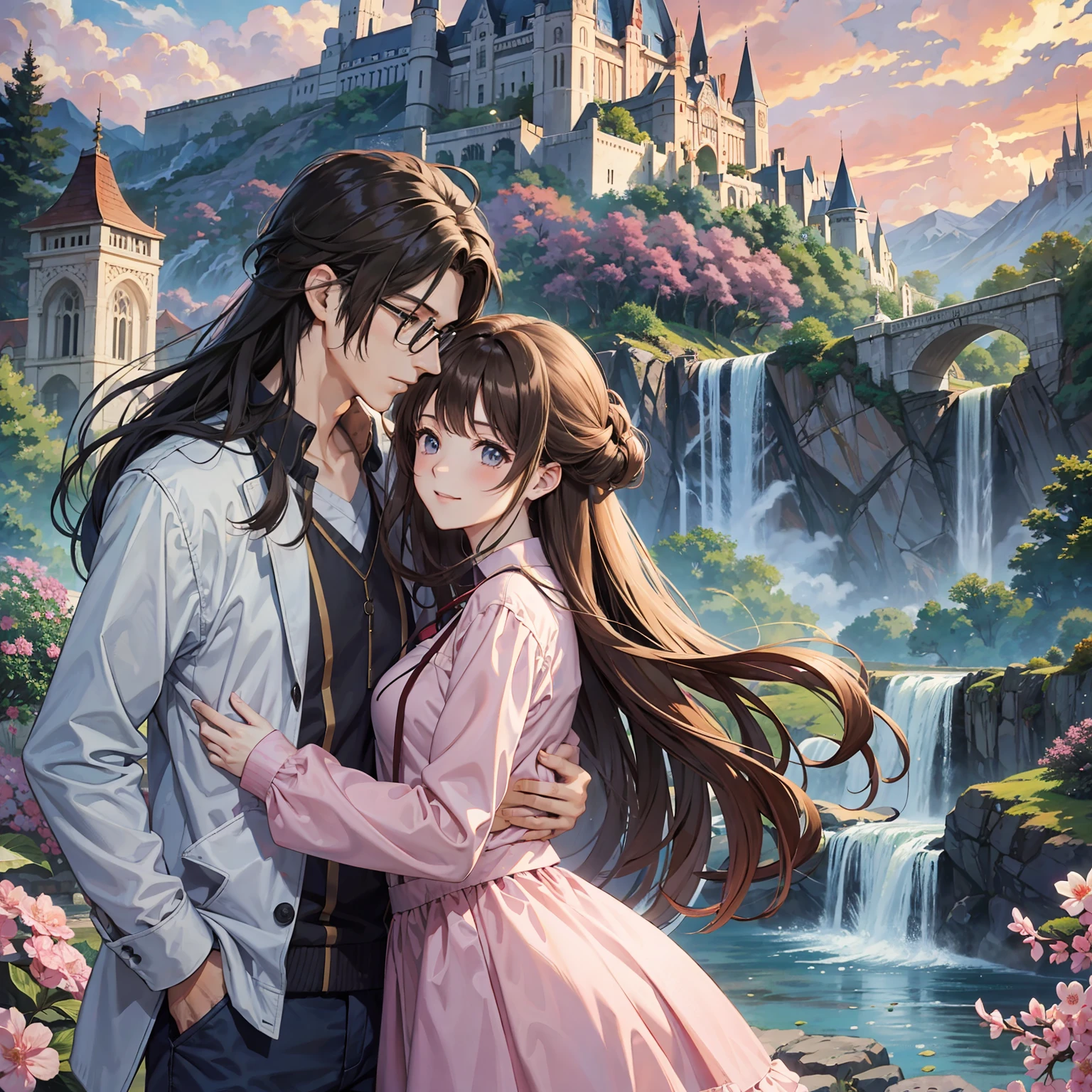 masterpiece, anime, cute, romantic, best quality, 2others, couple, mature, adult, height difference, different fashion, different color, casual clothes, long sleeves, smile, happy, love, swirling wind, blue sky, long haired man, light brown haired man, black haired woman, long haired woman, bespectacled woman, castle, waterfall, birds, clouds, pink sky --auto --s2