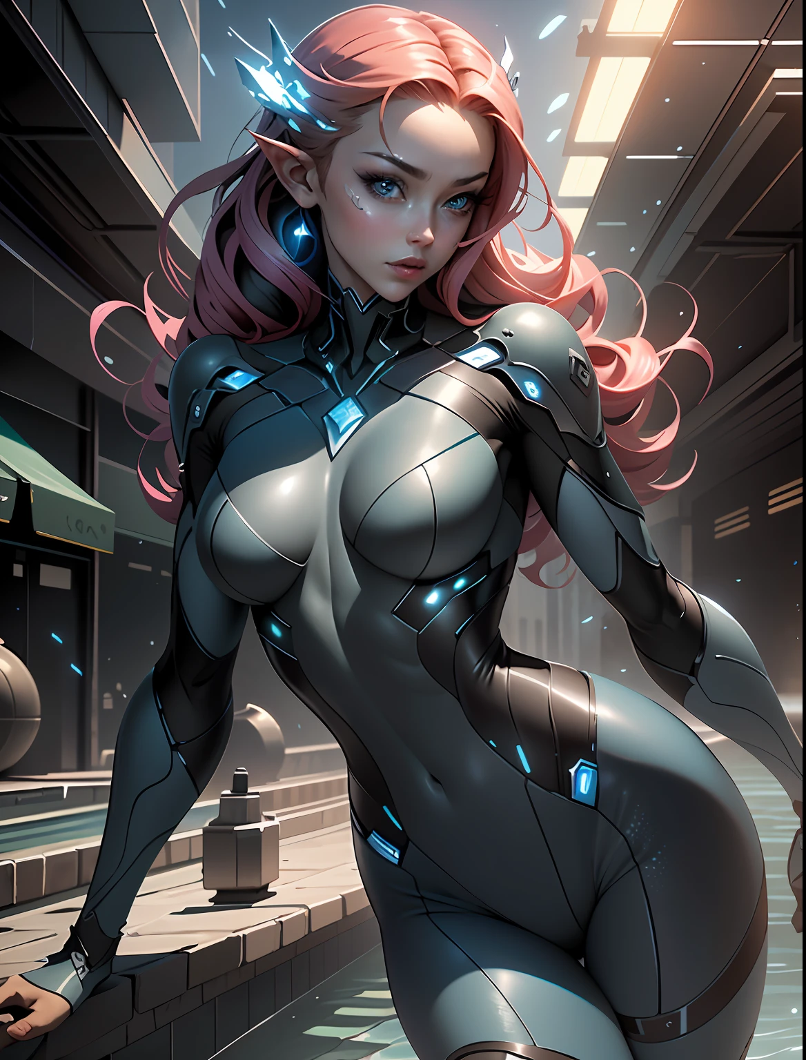 (((Blue skin))), (original), (very detailed wallpaper), little clothing, almost naked, very detailed illustrations, absurd, high definition, high resolution, (1 girl), (Amber Heard), ((under water))), beautiful eyes pulled, large eyelashes, (delicate face), frontal vision/back vision, perfect details, blue-skinned girl, very young body defined thick thighs parts of the covered by clothing made with green scales, pointy ears, underwater Atlantis scene with a technological Greek style city, several fish swimming around the character, ((large breasts)), full body, perfect, inverted neckline, ((red hair floating)), tiny underwear, two-piece clothing, niji —v5, close to real, best quality, almost naked, mouth closed, action pose, pastel, hand painted, concept art, digital painting, dashes, city background underwater, short clothes panties made of green fish scales, arms covered in thick golden scales, stylish energy \(module\), repairing, (better lighting), (supercomplex detail), 4K Unity, (super-detailed CG: 1.2), (8K: 1.2), realistic, HDR (High Dynamic Range),Ray Tracing, NVIDIA RTX,Super-Resolution,Unreal 5,Subsurface dispersion, PBR texture, Post-processing, Anisotropic filtering, Depth of field, Maximum clarity and sharpness, Multilayer textures, Albedo and specular maps, Surface shading, Accurate simulation of light-material interaction, Perfect proportions, Octane Render, Two-tone lighting, Wide aperture, Low ISO, White balance, Rule of thirds, 8K RAW, crysisnanosuit