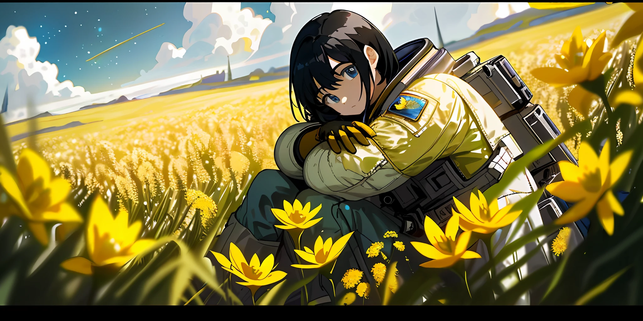 (masterpiece, best quality),cinematic composition, letterboxed, depth of field, solo focus, astronaut sitting in a field of yellow flowers with resting on the ground, gloves, yellow flower, black gloves, spacesuit, science fiction, sunlight, black hair, blue eyes, looking at viewer