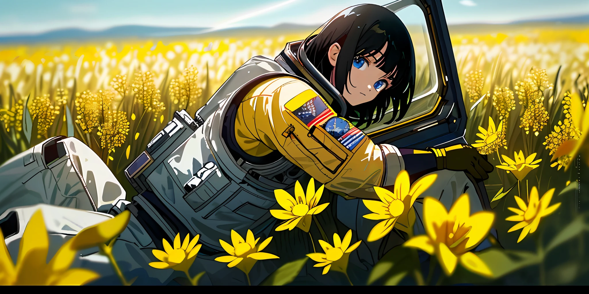 (masterpiece, best quality),cinematic composition, letterboxed, depth of field, solo focus, astronaut sitting in a field of yellow flowers with resting on the ground, gloves, yellow flower, black gloves, spacesuit, science fiction, sunlight, black hair, blue eyes, looking at viewer