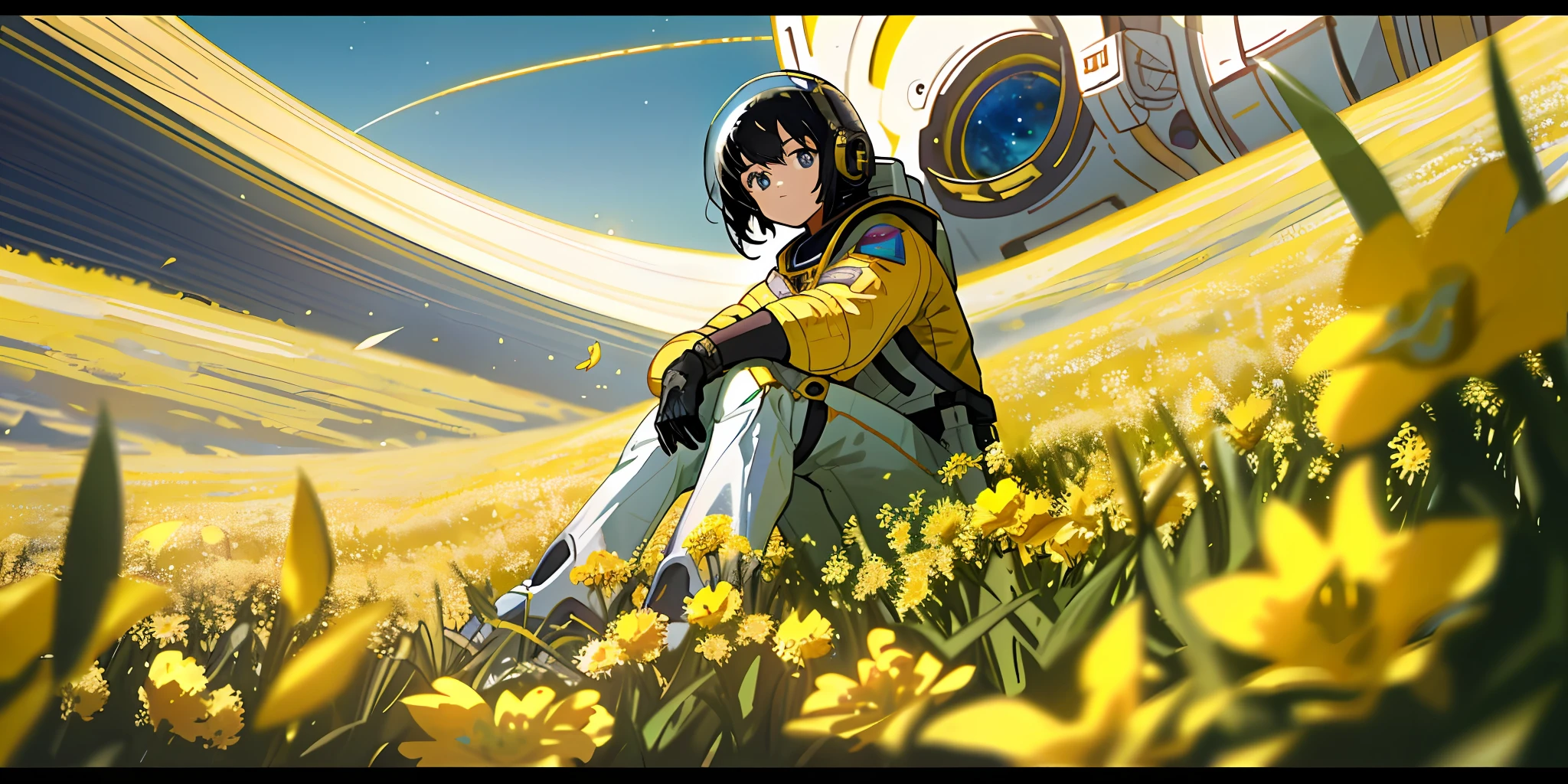 (masterpiece, best quality),cinematic composition, letterboxed, depth of field, solo focus, astronaut sitting in a field of yellow flowers with resting on the ground, gloves, yellow flower, black gloves, spacesuit, science fiction, sunlight, black hair, blue eyes, looking at viewer