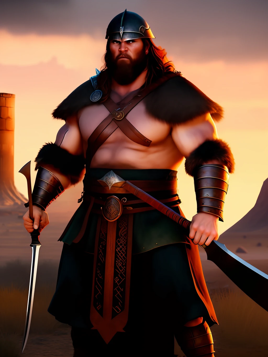 A very strong viking warrior, wearing a viking helmet,in a battlefield, holding an axe, pixar artstyle, fierce eyebrows, cinematic rim light, very thick neck, intense action, dynamic juxtaposition, young warrior, very high quality face, desert game, exploitable image, face neck shoulders, tall strong man, long windy hair, stylized dynamic folds, angry man, Pixar artstyle