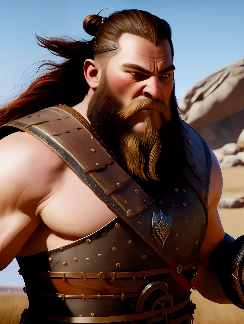 A very strong viking warrior, wearing a viking helmet,in a battlefield, holding an axe, pixar artstyle, fierce eyebrows, cinematic rim light, very thick neck, intense action, dynamic juxtaposition, young warrior, very high quality face, desert game, exploitable image, face neck shoulders, tall strong man, long windy hair, stylized dynamic folds, angry man, Pixar artstyle