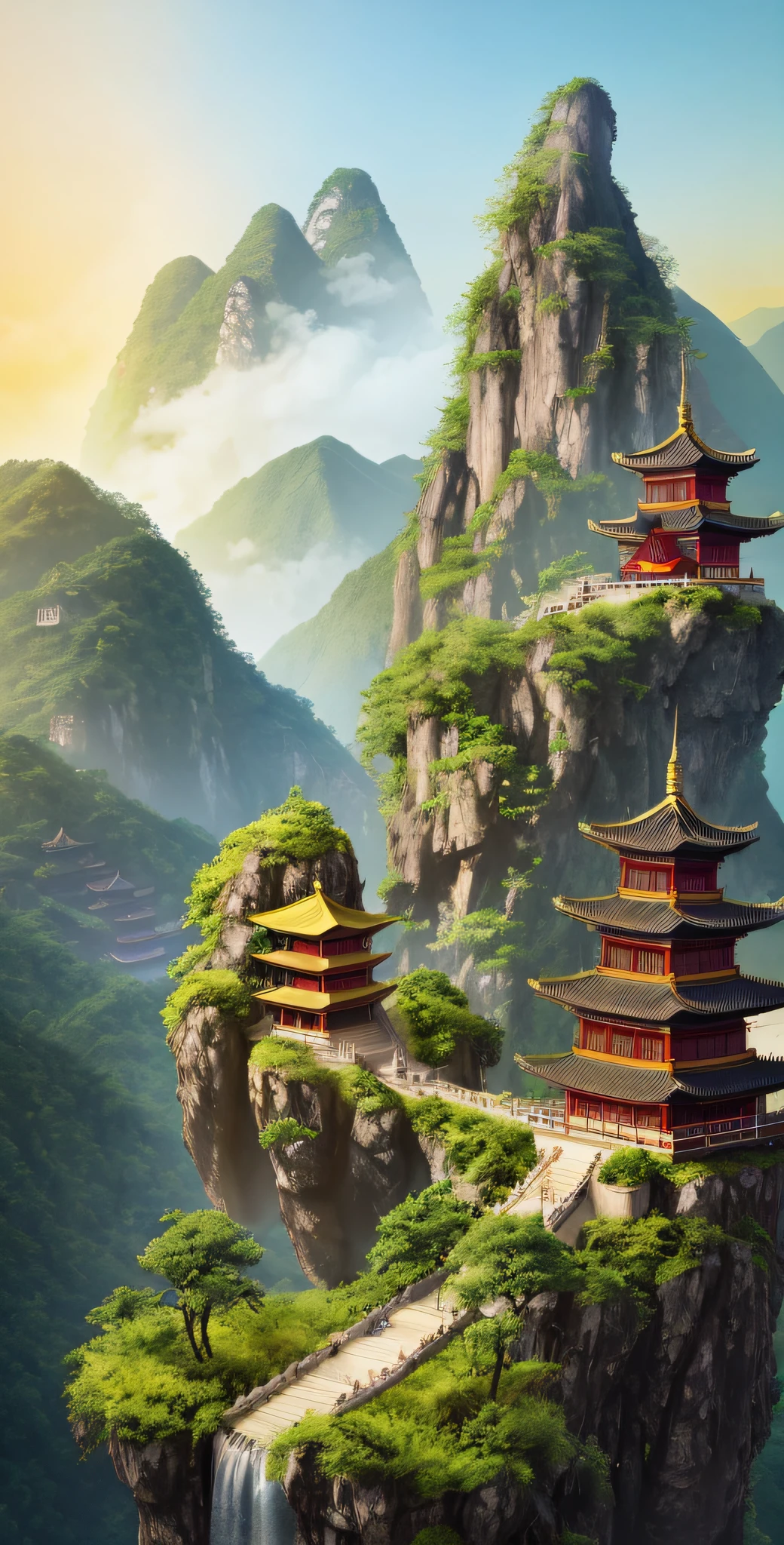 In the middle there are mountain views of waterfalls and pagodas, painted landscapes of Hangan, CG Society competition winners, fantasy art, fantastic Chinese towns, Chinese landscapes, Chinese fantasy, composed of trees and fantasy valleys, ancient city landscapes, impressive fantasy landscapes, the most epic landscapes, pagodas on the mountains, mountainous jungle environment, avatar landscape, Chinese village.