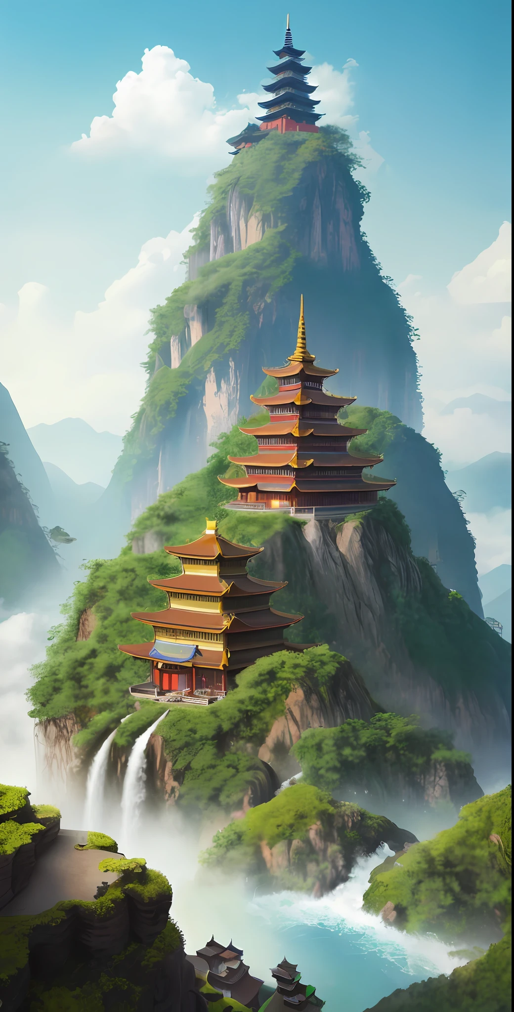 In the middle there are mountain views of waterfalls and pagodas, painted landscapes of Hangan, CG Society competition winners, fantasy art, fantastic Chinese towns, Chinese landscapes, Chinese fantasy, composed of trees and fantasy valleys, ancient city landscapes, impressive fantasy landscapes, the most epic landscapes, pagodas on the mountains, mountainous jungle environment, avatar landscape, Chinese village.