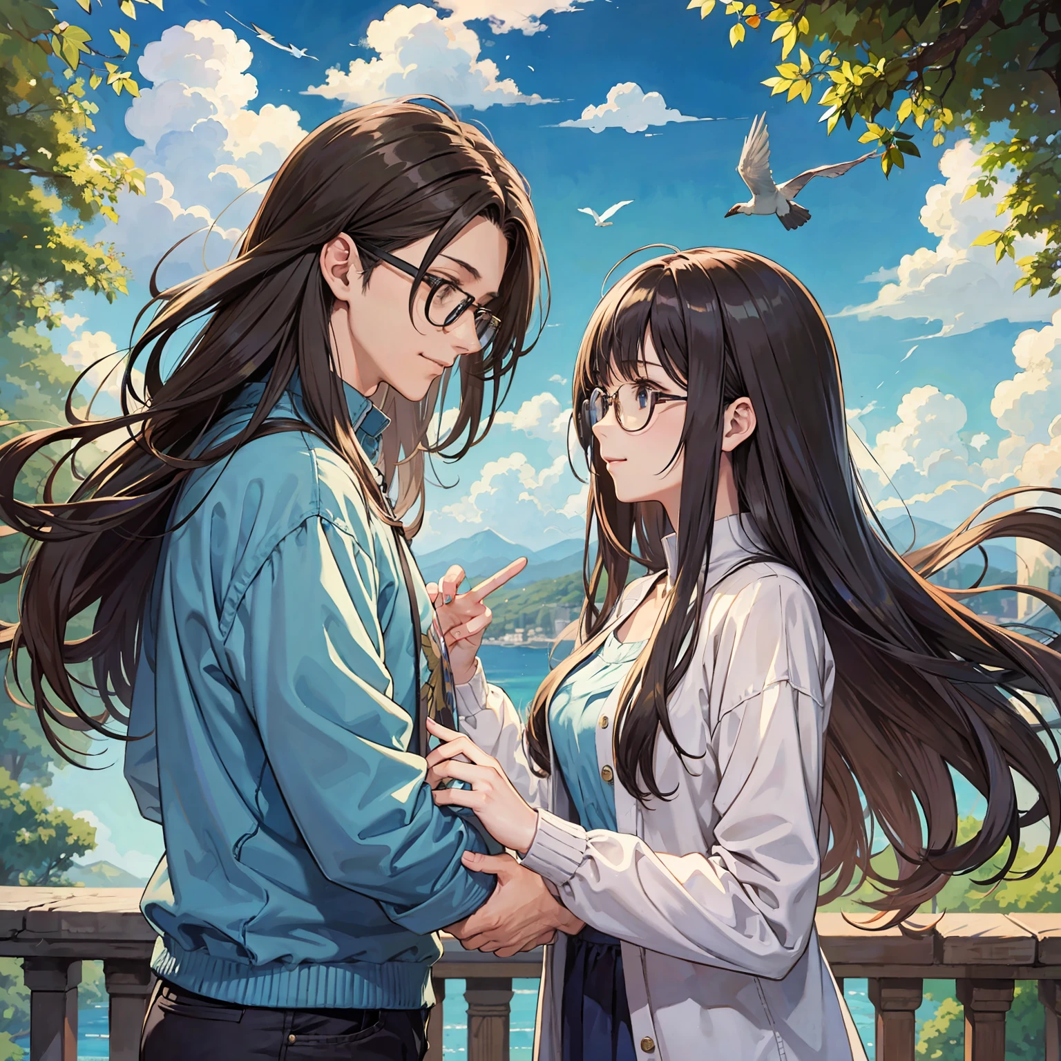 masterpiece, anime, cute, romantic, best quality, 2others, couple, mature, adult, height difference, different fashion, different color, casual clothes, long sleeves, smile, happy, love, swirling wind, blue sky, long-haired man, light brown haired man, black-haired woman, long-haired woman, bespectacled woman, castle, waterfall, birds, clouds, blue sky --auto --s2