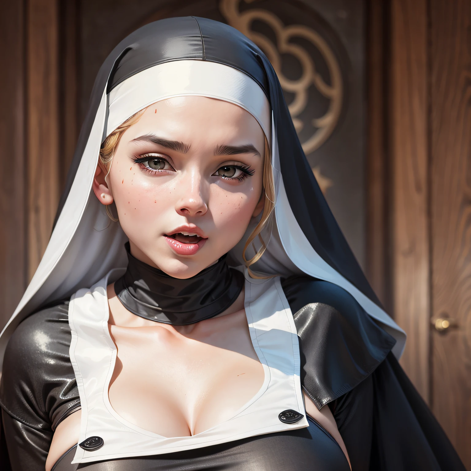 Very hot nun with big breasts, sensualizing under her clothes, naughty face --auto --s2