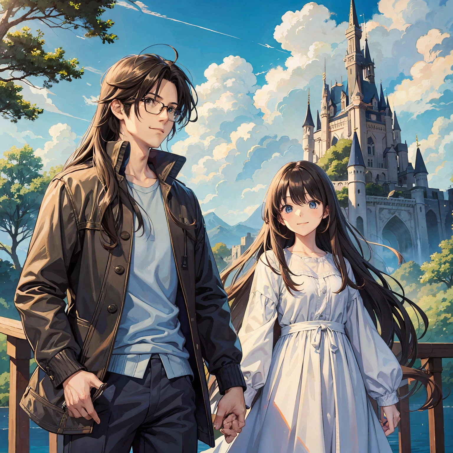 masterpiece, anime, cute, romantic, best quality, 2others, couple, mature, adult, height difference, different fashion, different color, casual clothes, long sleeves, smile, happy, love, swirling wind, blue sky, long-haired man, light brown haired man, black-haired woman, long-haired woman, bespectacled woman, castle, waterfall, birds, clouds, blue sky --auto --s2