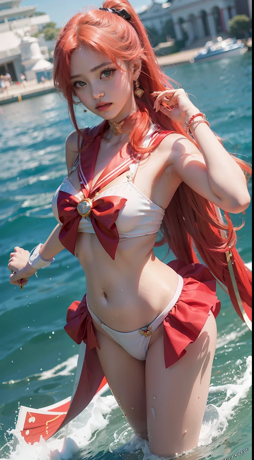 A sexy sailor suit girl shawl with long hair, red sailor suit, red high heels, rich accessories, sailor moon water ice mars ali, japanese shrine, cosplay pictures, full body photos, photography style, cinematography, 8K RAW, sailor Moon!!!!!!!!, Sailor Moon style, inspired by Sailor Moon, Sailor Moon, Sailor Moon. Beauty, Princess, Classic Girl, Magical Girl Style, Magical Girl Portrait, Magazine Cover Photo