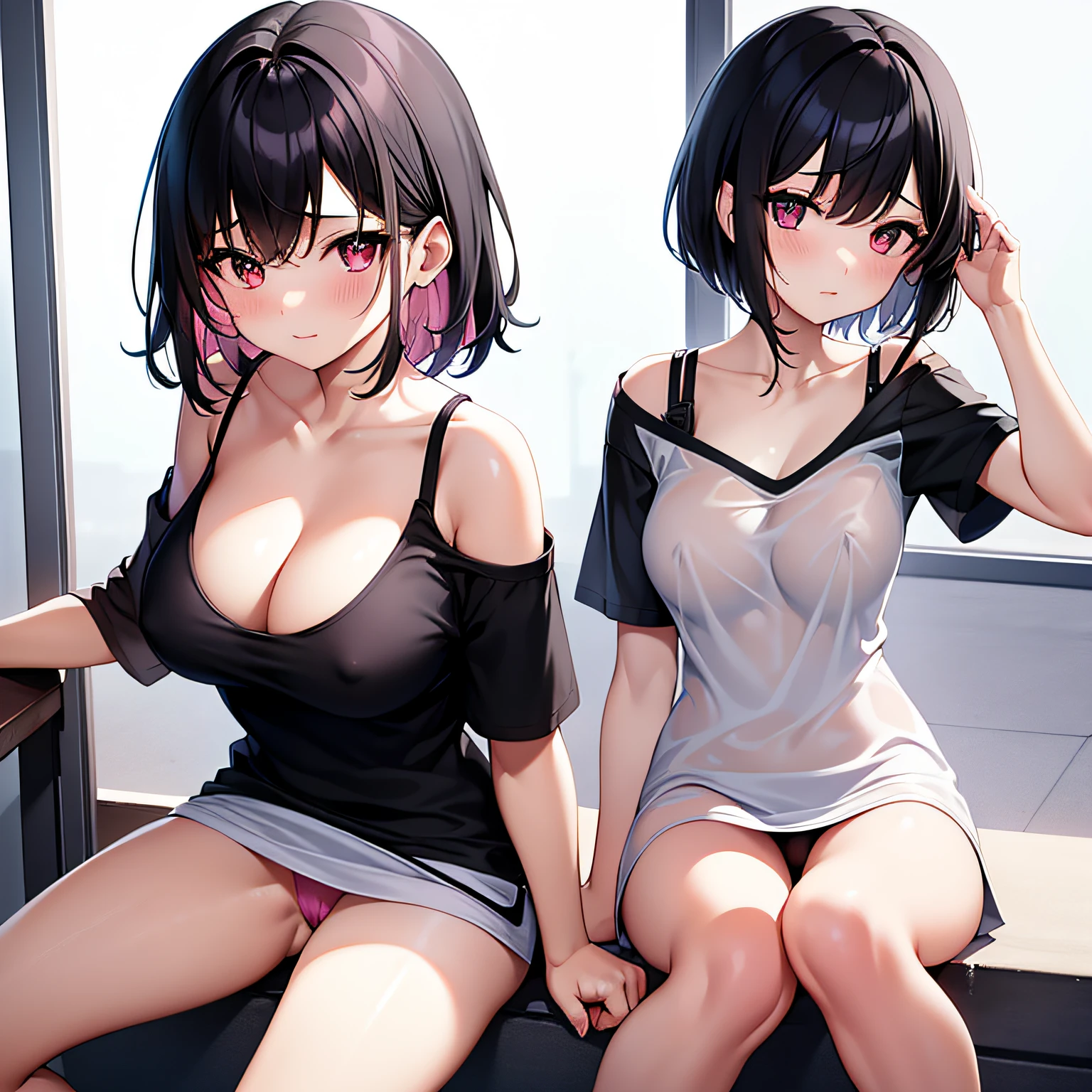 High quality, masterpiece, girl, girl, slender body, medium breasts, {nipple}, cleavage, black t-shirt, roomy t-shirt, sheer clothes, wet clothes, emphasis on breasts, legs open, naked, no panty, no bottom, {nipple}, black hair, pink inner color hair, blush, short hair